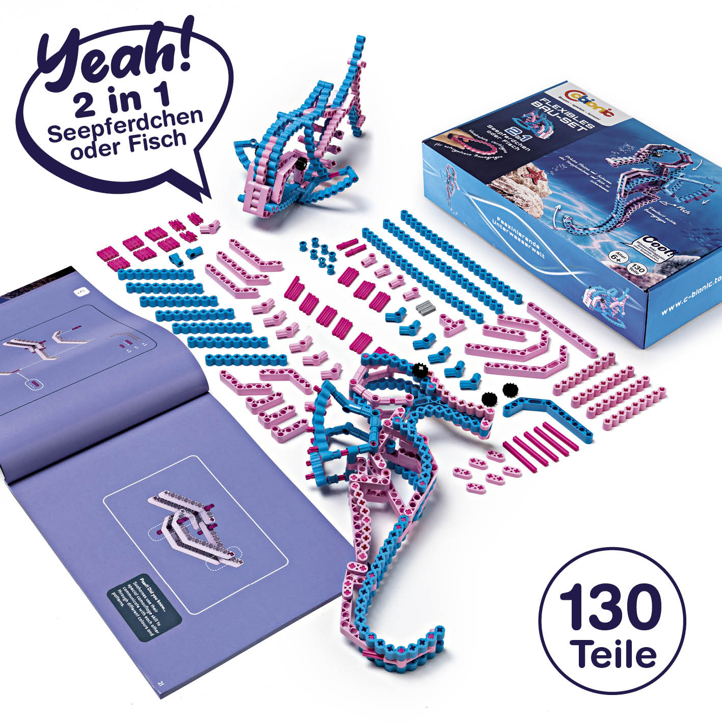 Baustein-Set Seepferdchen mit 130 flexiblen Bausteinen zum Biegen, Drehen und kreativen Bauen dynamischer Naturmodelle.