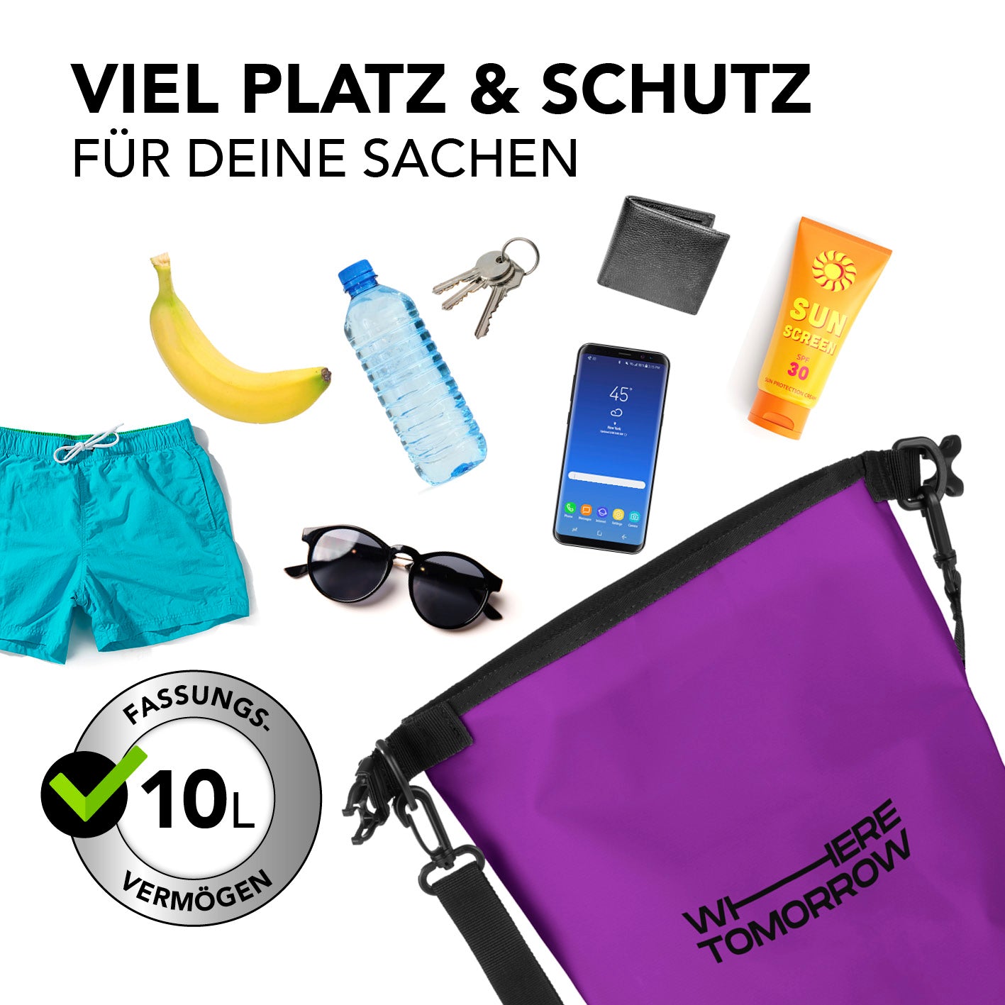 Dry Bag 10L - Style 01 - Lila: wasserdichter, robuster Rucksack mit 10L Fassungsvermögen für Outdoor-Abenteuer und sicheren Schutz.