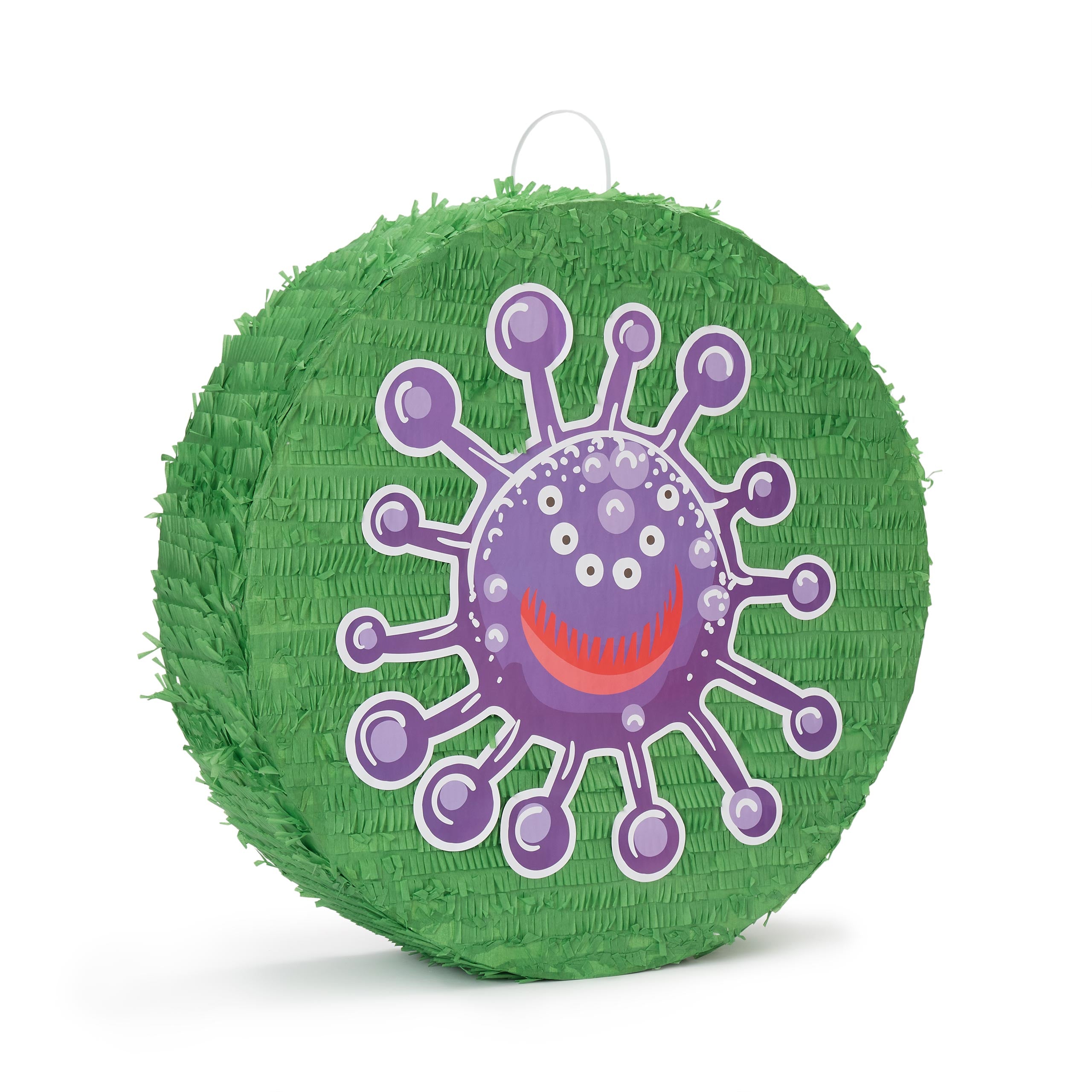 Pinata Set zum Befüllen inkl. Schläger & Augenbinde "Beat The Virus" mit grünem Virus-Design von Lumaland.