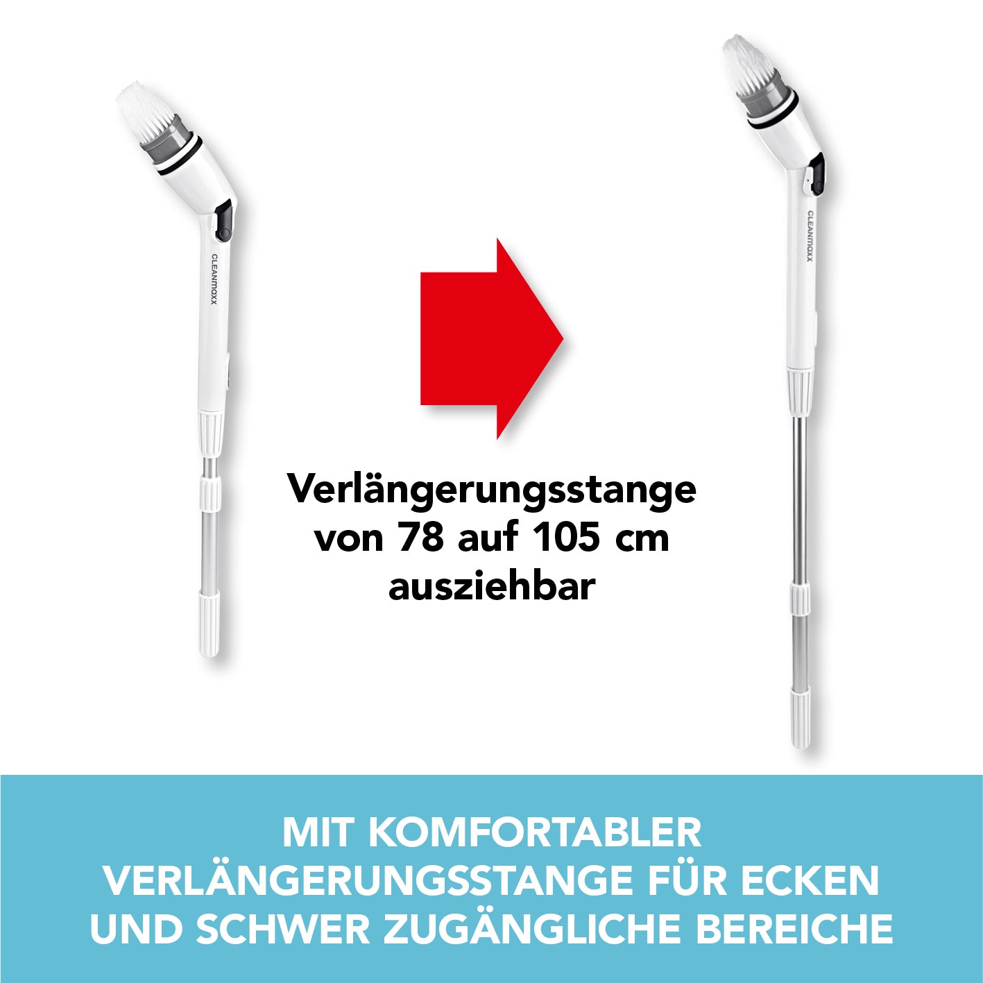 Akku-Reinigungsbürsten-Set - weiß/schwarz mit ausziehbarer Verlängerungsstange von 78 auf 105 cm für schwer zugängliche Bereiche.