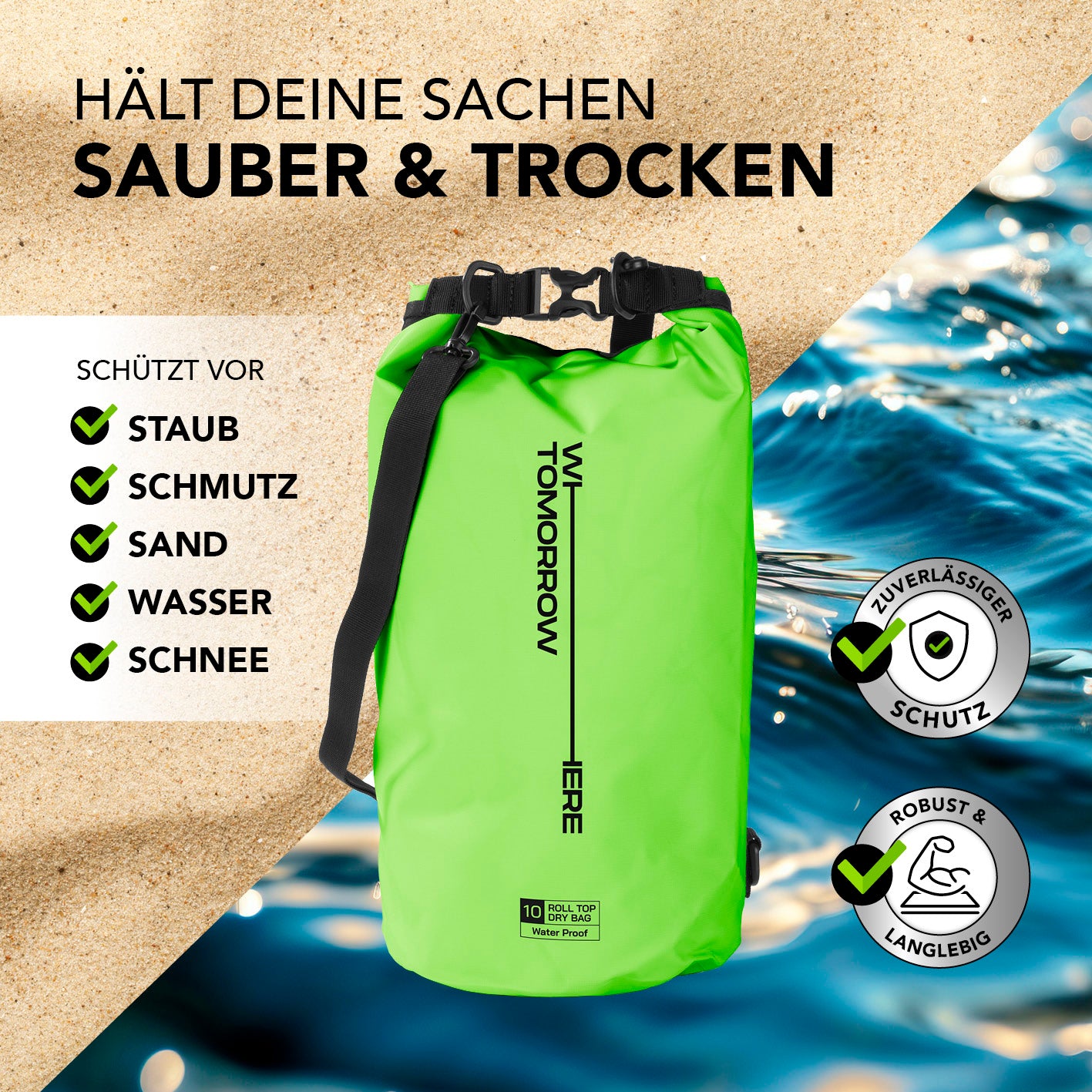 Dry Bag 10L - Style 02 - Grün wasserdichter, robuster Outdoor-Rucksack mit UV-Schutz, Rolltop-Verschluss und verstellbarem Schultergurt.