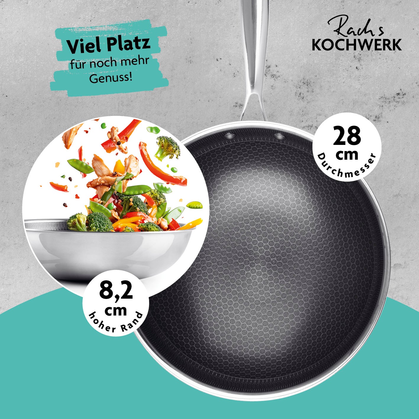 Wok-Pfanne mit Wabenstruktur Ø 28 cm mit hohem Rand und kratzfester Antihaftbeschichtung für fettarmes Braten und alle Herdarten.