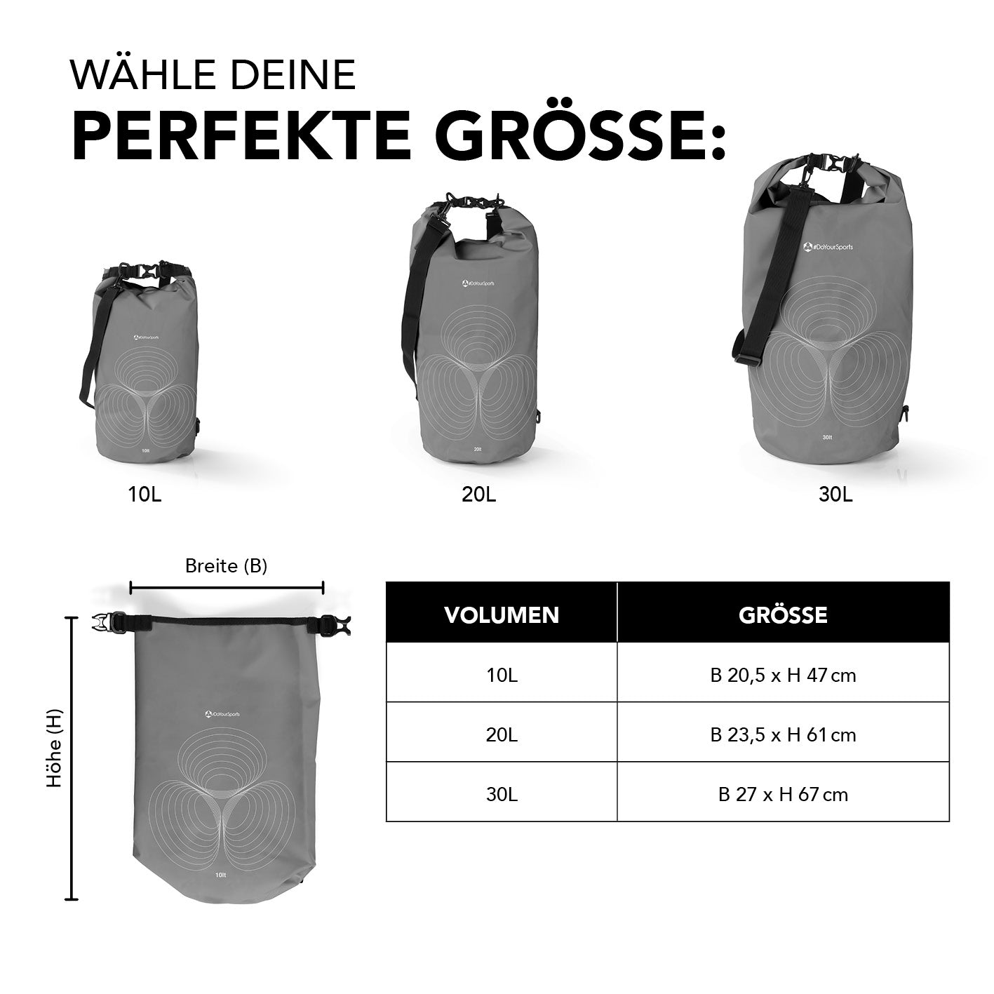 Dry Bag 20L - Grau wasserdichter, robuster Outdoor-Rucksack mit UV-Schutz und verstellbarem Schultergurt, ideal für Abenteuer.