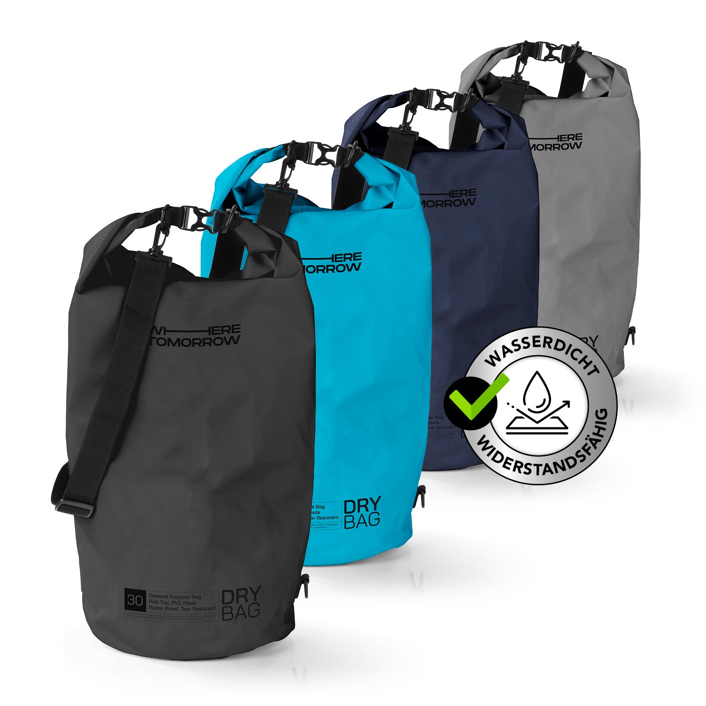 Dry Bag 30L - Style 01 - Schwarz wasserdichter, robuster Outdoor-Rucksack mit UV-Schutz und verstellbarem Schultergurt.