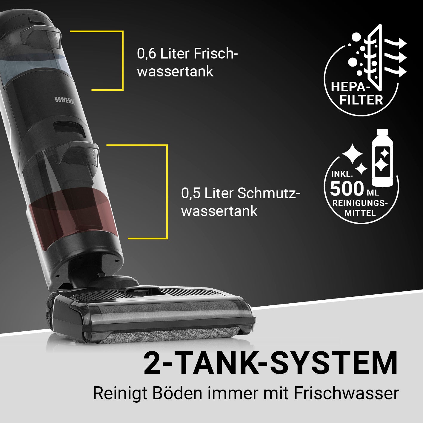 Saugwischer Smart Clean 3in1 mit 2-Tank-System, HEPA-Filter und 500ml Universal-Bodenreiniger für gründliche Bodenreinigung