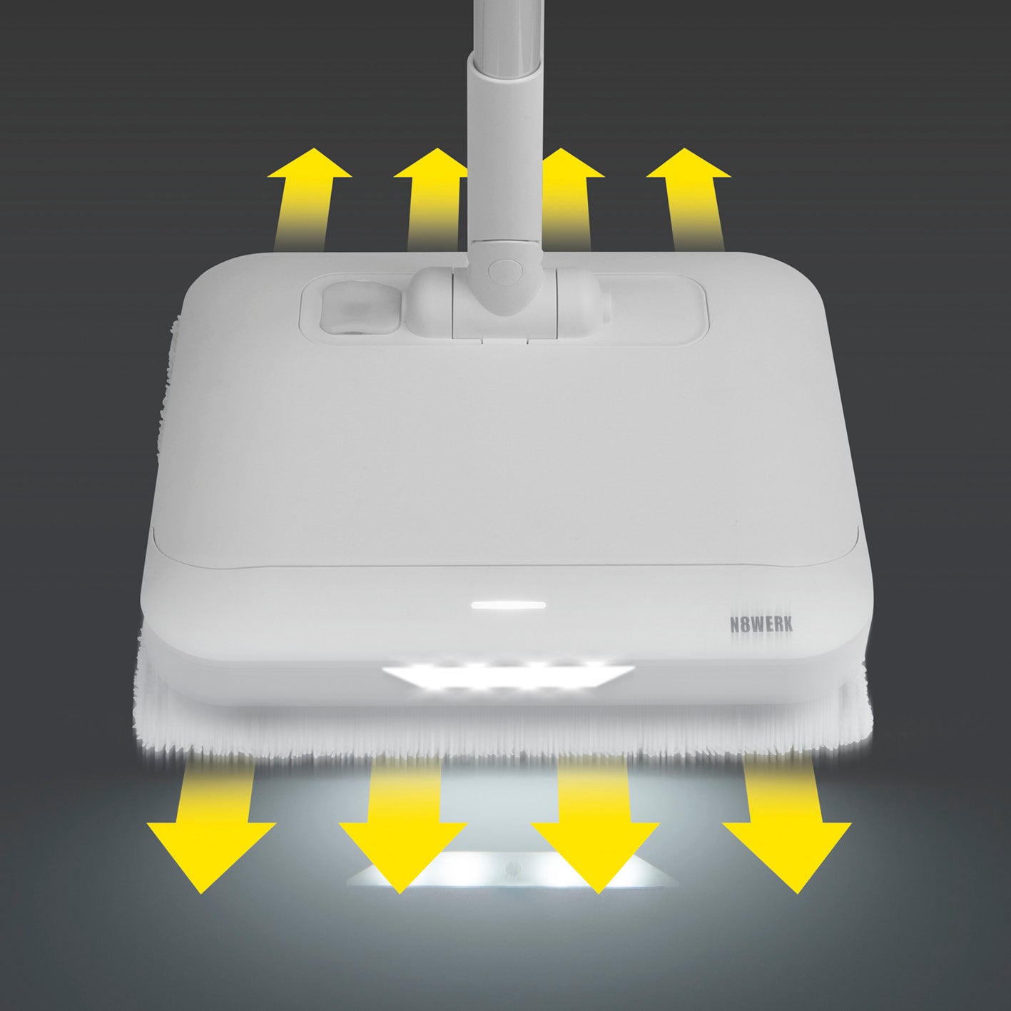 Akku-Vibrationsmopp Moonlight White Edition mit LED-Beleuchtung, Sprühfunktion und vibrationsunterstützter Reinigung für alle Böden.