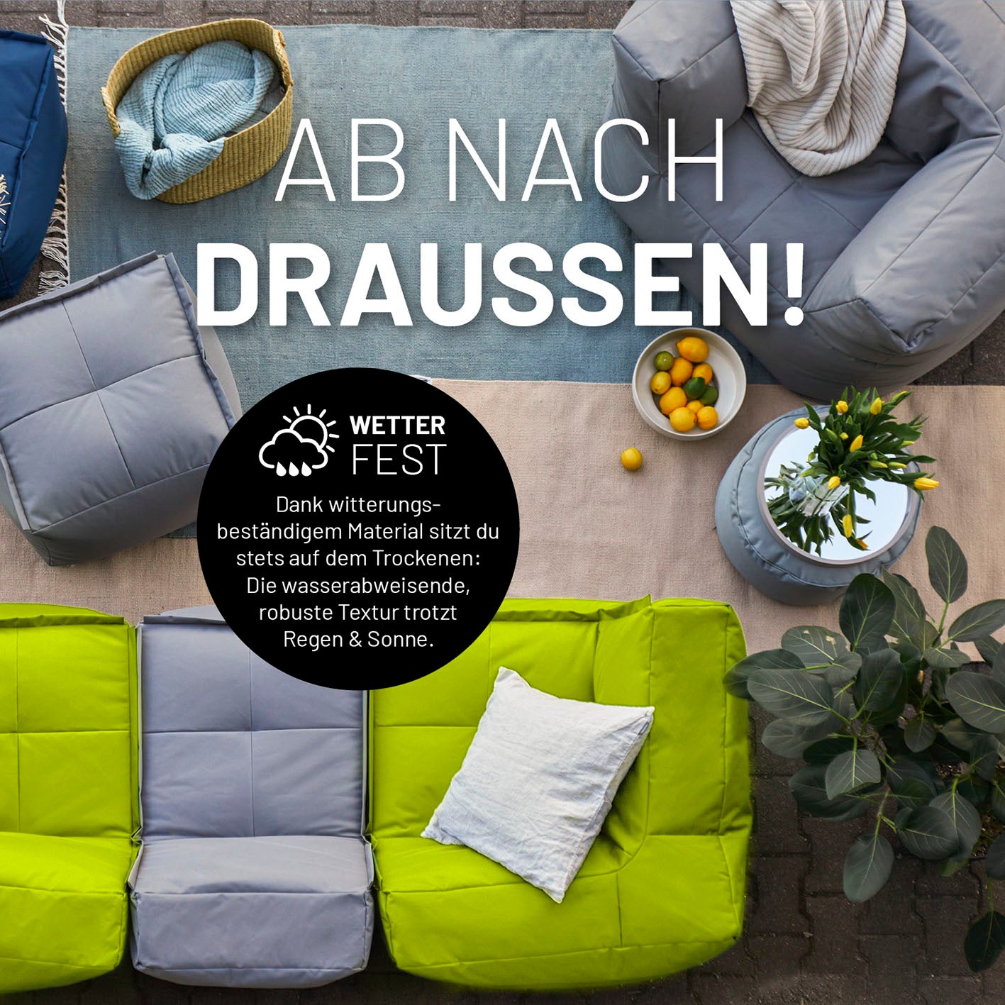 Sitzsack-Hocker (200 L) in Apfelgrün, modulare 3-in-1 Funktion, wetterfest und für indoor & outdoor geeignet.