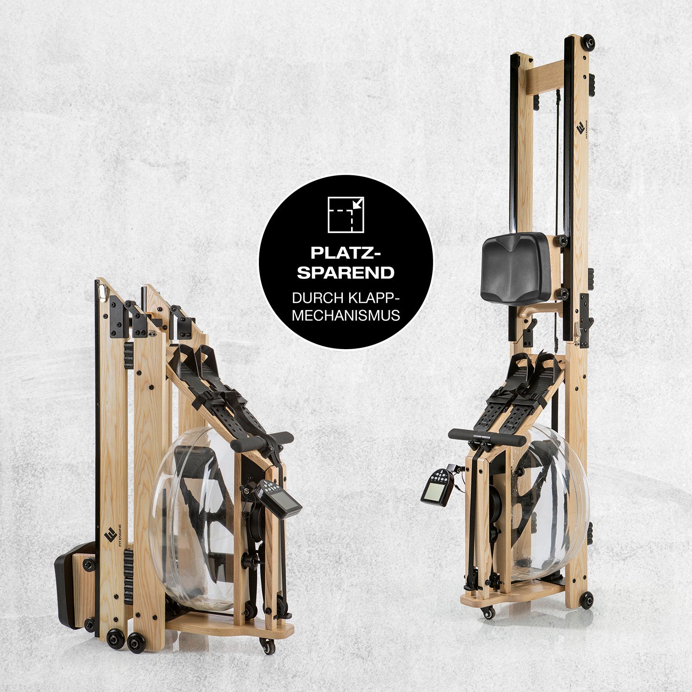 Rudergerät klappbar - regulierbarer Wasserwiderstand mit platzsparendem Klappmechanismus und ergonomischem Design für effektives Training.