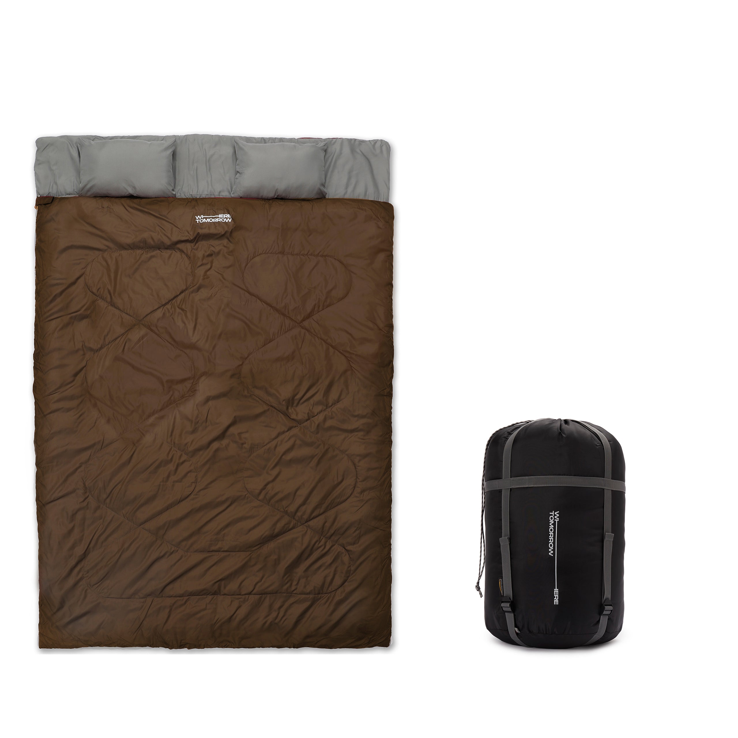 Doppelschlafsack mit Tragetasche - 2-Personen Schlafsack 190x150 cm Braun, wasserabweisend, mit Kissenfach und praktischer Tragetasche.