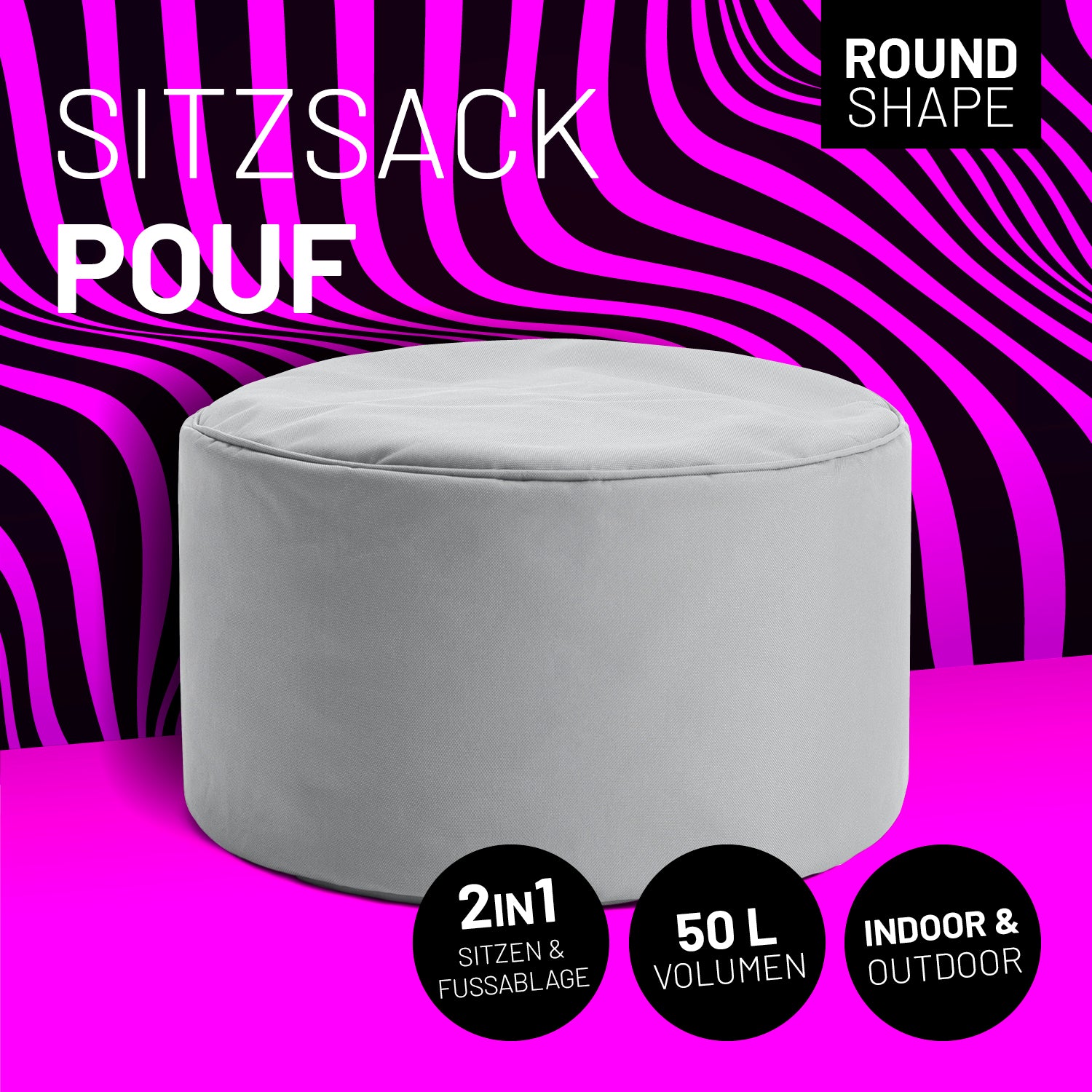Sitzsack-Hocker/Pouf (50 L) silbergrau, rund, indoor & outdoor, leicht, langlebig, 2in1 Sitzhocker und Fußschemel, pflegeleicht mit verdecktem Reißverschluss.