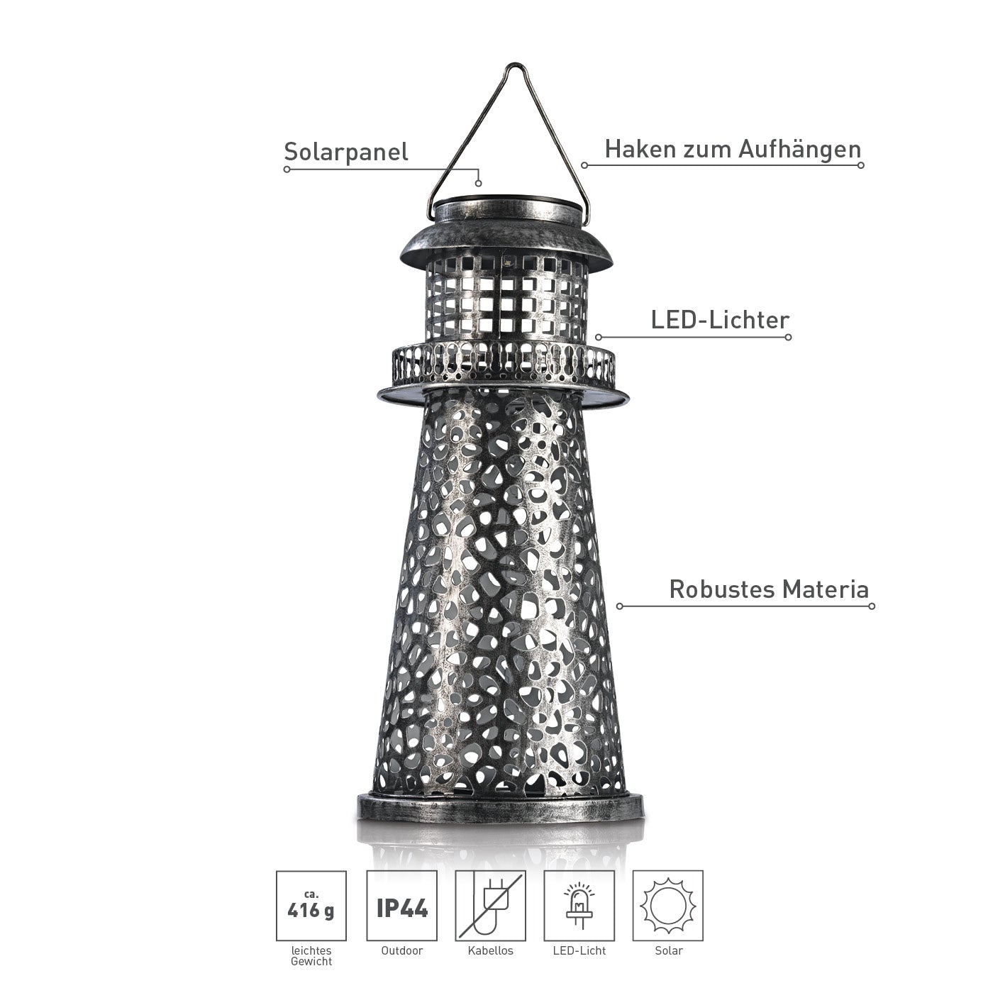 Solar-Leuchte Leuchtturm - silber, dekorativer solarbetriebener Leuchtturm aus robustem Metall mit LED-Licht, ideal für Garten und Terrasse.