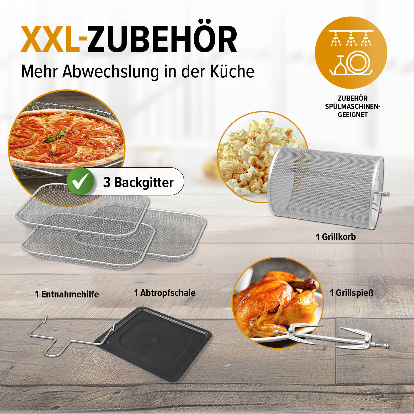 Digitale Heißluftfritteuse - 12 l - Schwarz mit XXL Zubehör Set bestehend aus Backgittern, Grillkorb, Grillspieß, Entnahmehilfe und Abtropfschale.