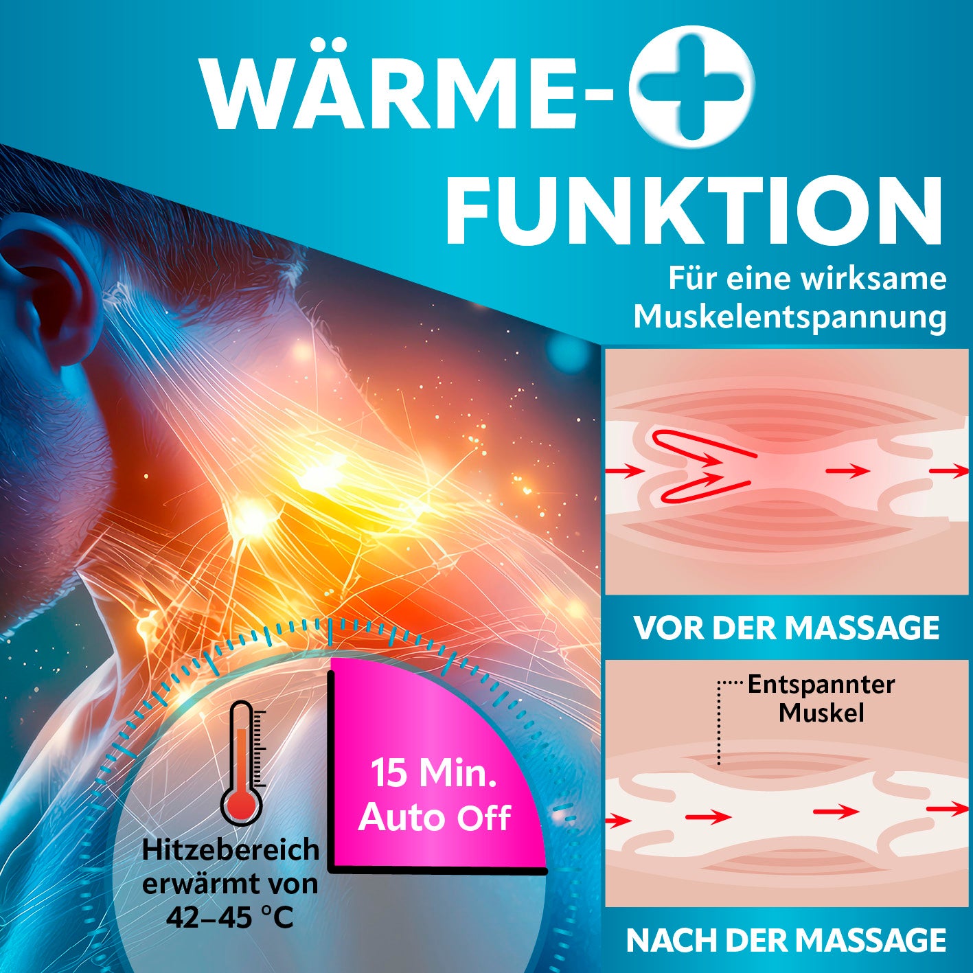 Shiatsu-Massagegerät mit Wärmefunktion für effektive Muskelentspannung und automatischem Abschalten nach 15 Minuten Gebrauch.