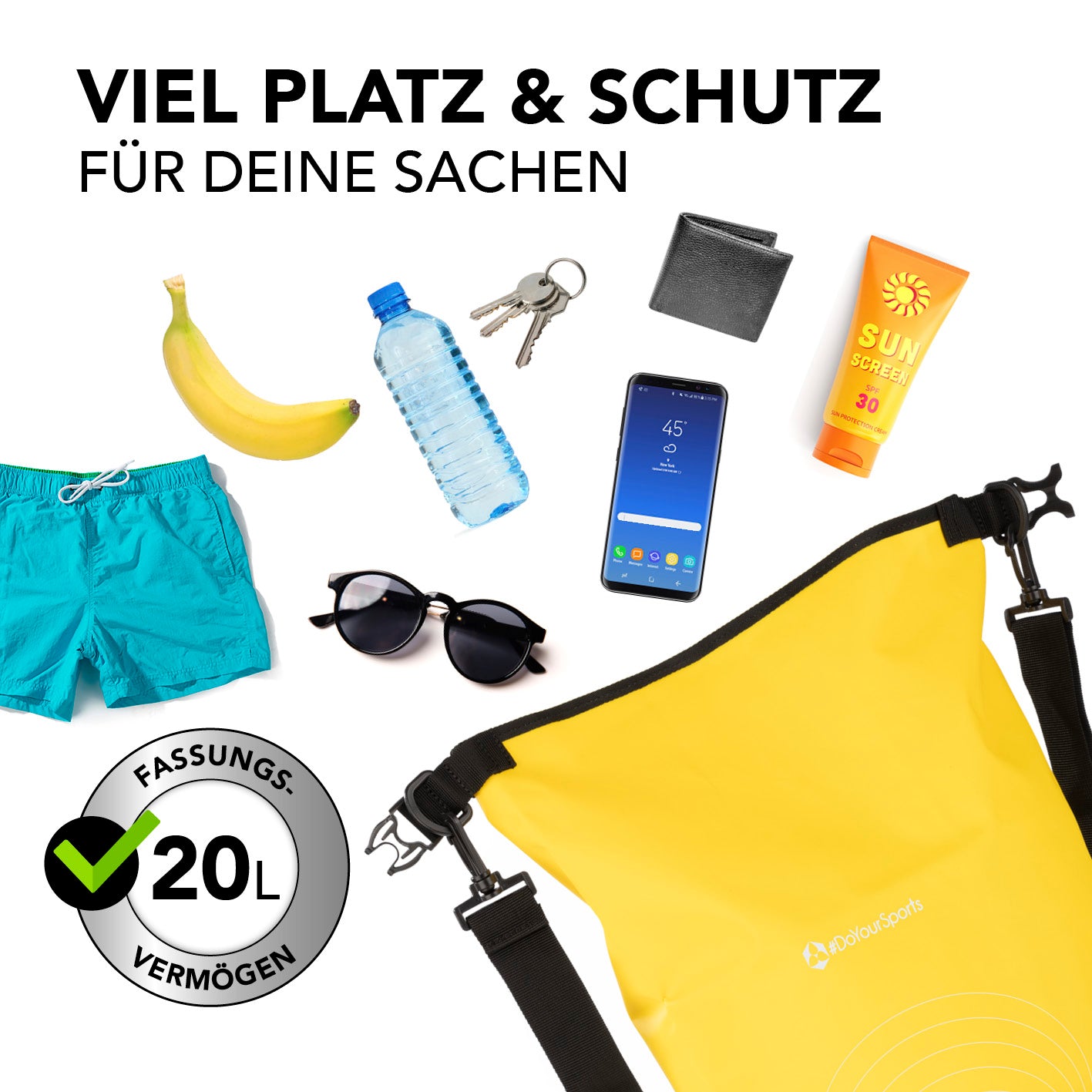 Dry Bag 20L - Gelb mit wasserdichtem Rolltop, verstellbarem Schultergurt und UV-Schutz für Outdoor-Abenteuer.