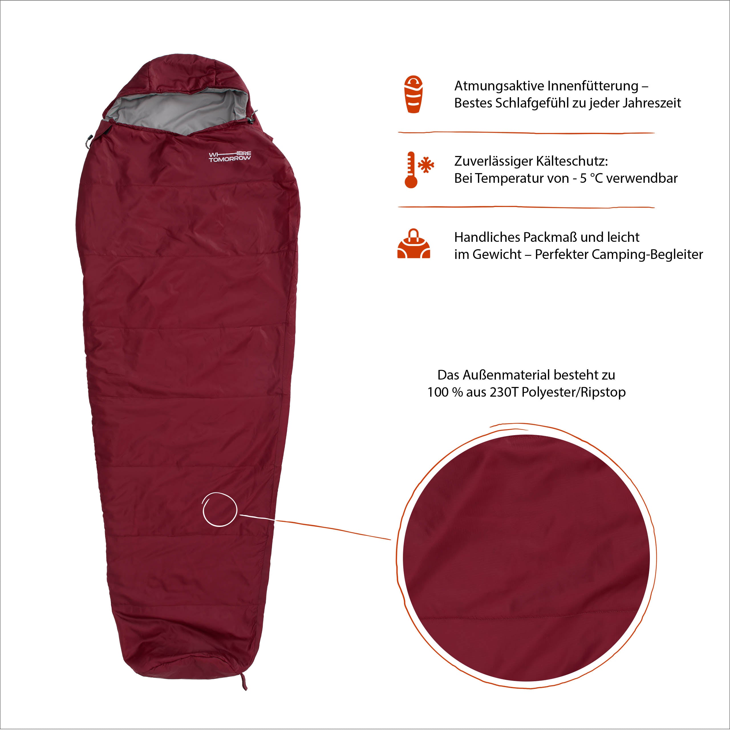 Camping Schlafsack Small & Light Mumienschlafsack rot mit wasserabweisendem Material, atmungsaktiv, -5 °C Temperatur geeignet, inkl. Packsack.