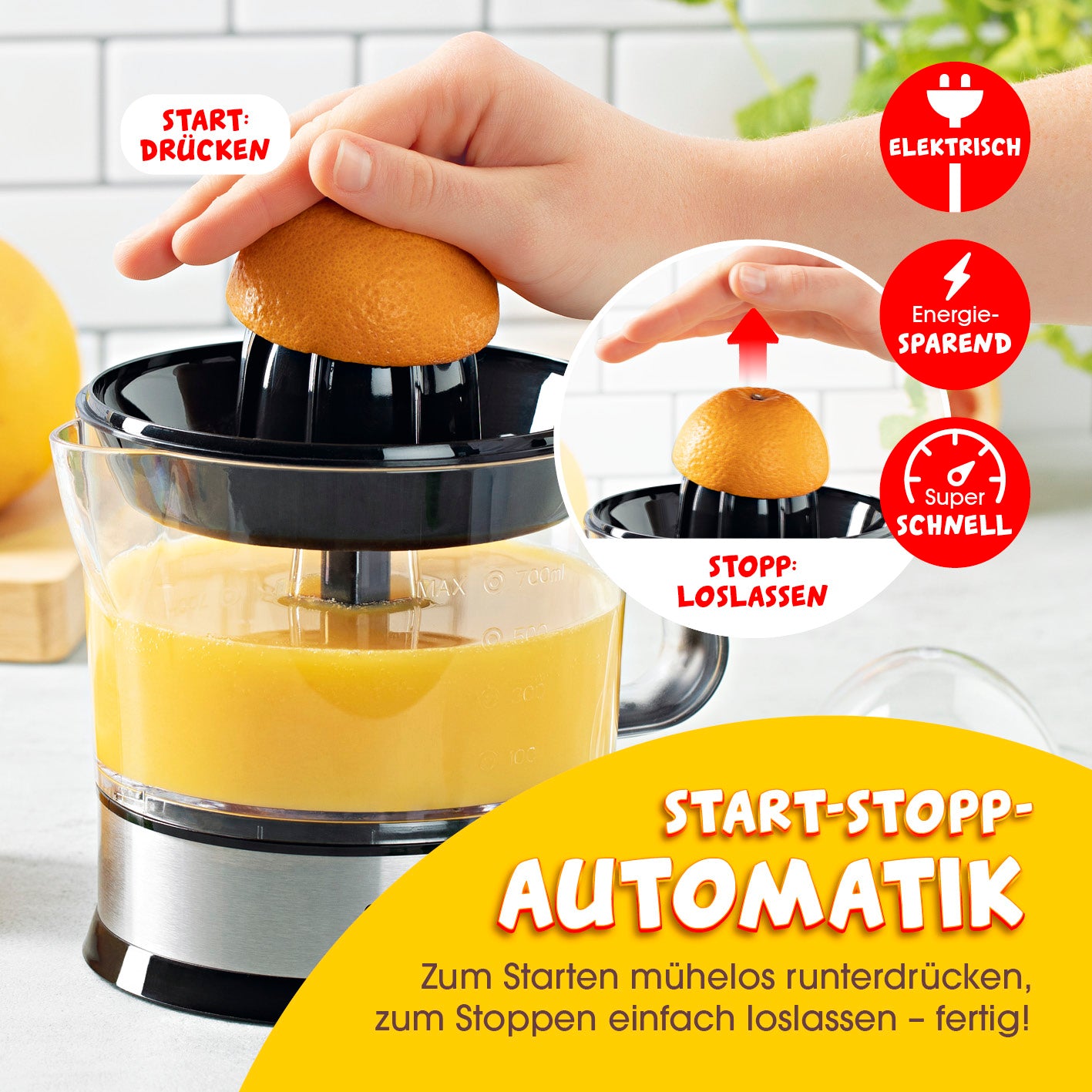 Zitruspresse 0,7l - Edelstahl mit Start-Stopp-Automatik und Kunststoffkanne für frischen Saft aus Orangen, Limetten und Grapefruits.