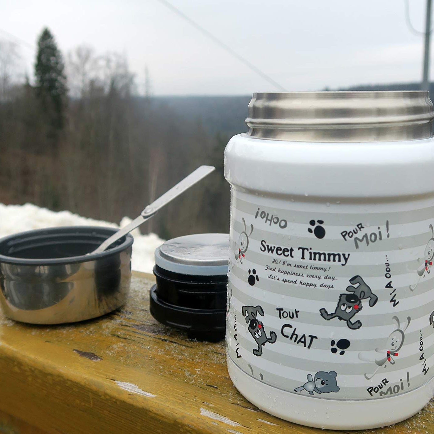 Thermobehälter - 450 ml - Edelstahl - Hunde/Grau mit doppelwandiger Isolierung, auslaufsicher, inkl. Löffel und Deckel als Schüssel.