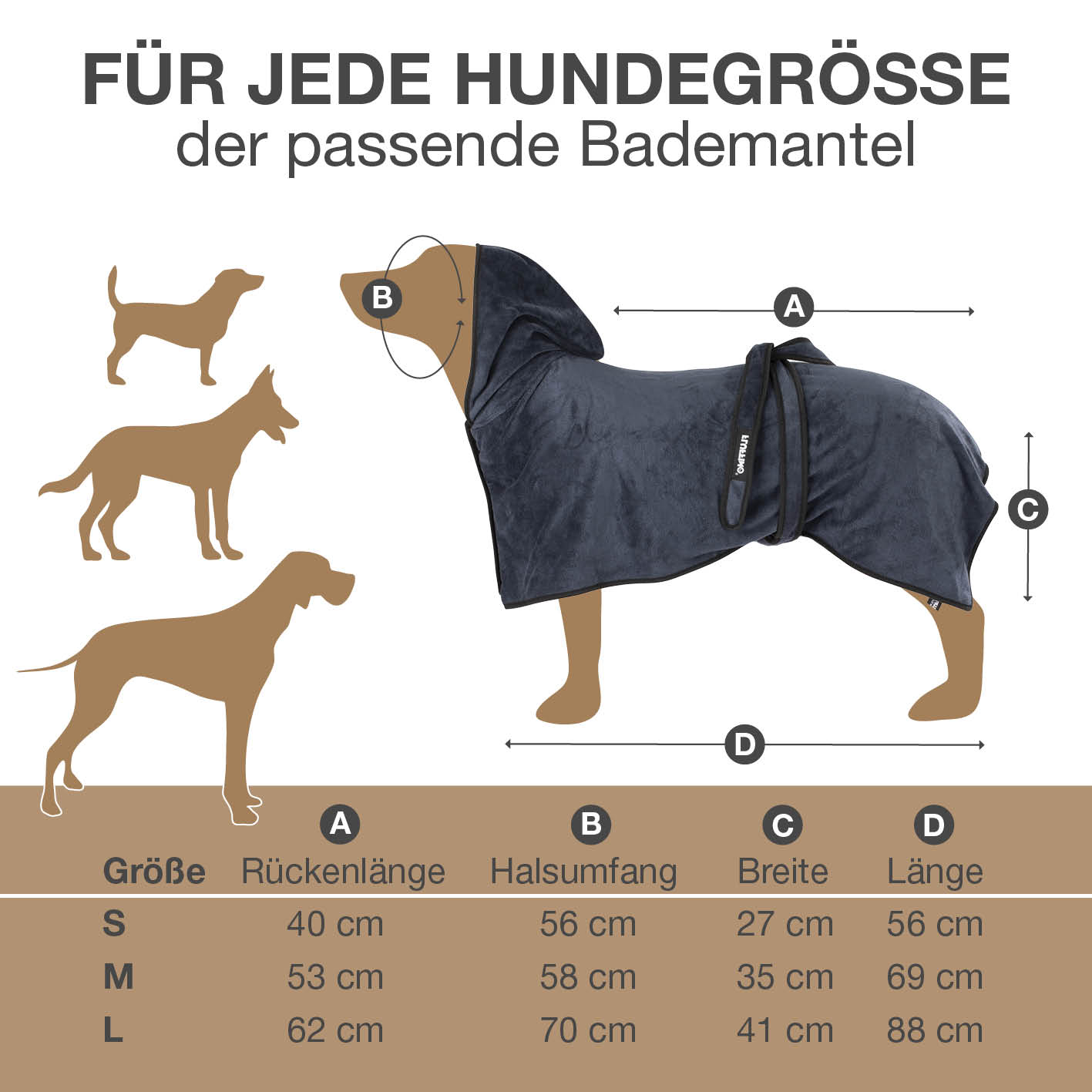 Hundebademantel - Größe L - beige/blau, saugfähig, schnell trocknend, mit Kapuze und Klettverschluss für große Hunde von FLUFFINO.