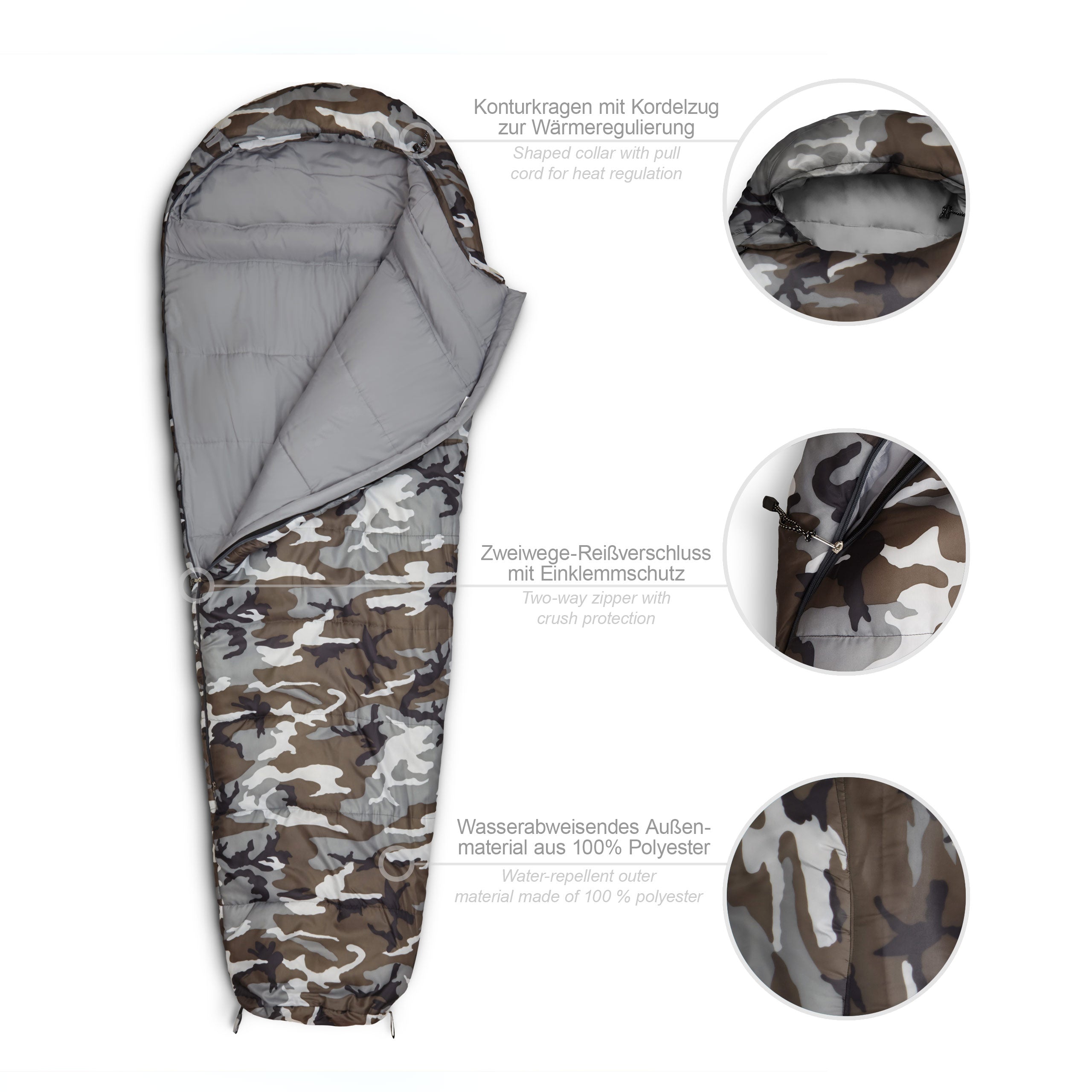Camping Schlafsack Classic - Mumienschlafsack mit Tasche in Camouflage Grau, wasserabweisend, mit Kordelzug und Wärmekragen, 230 x 80 x 55 cm.