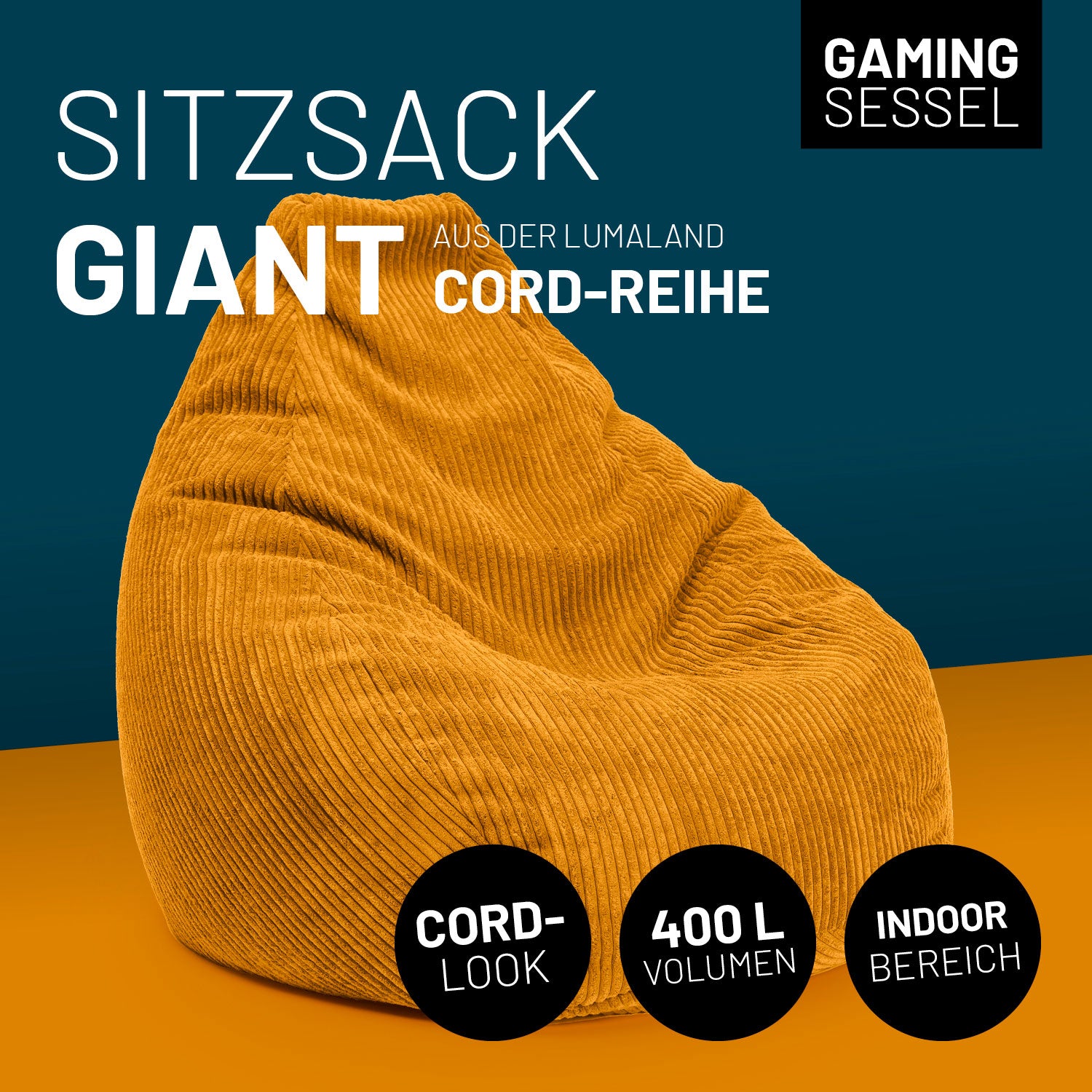 Sitzsack GIANT aus der Cord-Reihe - Senfgelb in 400L mit weichem Cordstoff, robust und waschbar für gemütliches Sitzen im Indoor-Bereich.