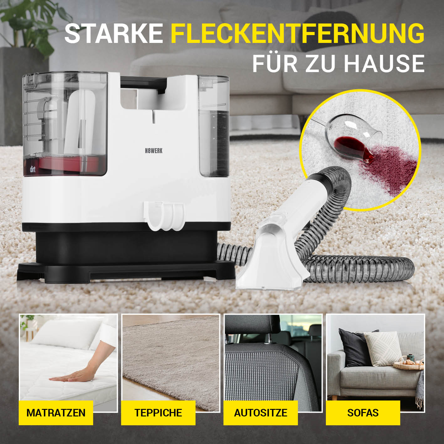 Polster- & Teppichreiniger mit Sprühfunktion und kraftvoller Fleckenentfernung für Matratzen, Teppiche, Autositze und Sofas.