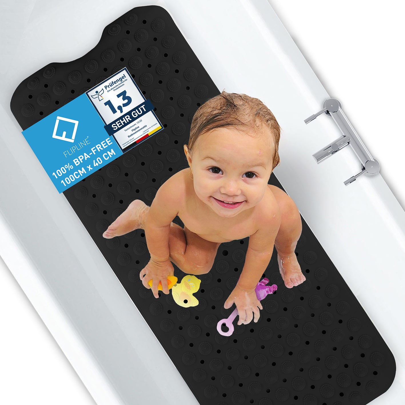 Badewannenmatte - Schwarz - 100 x 40 cm mit rutschfester Oberfläche und BPA-frei für sichere, kinderfreundliche Badewannennutzung.
