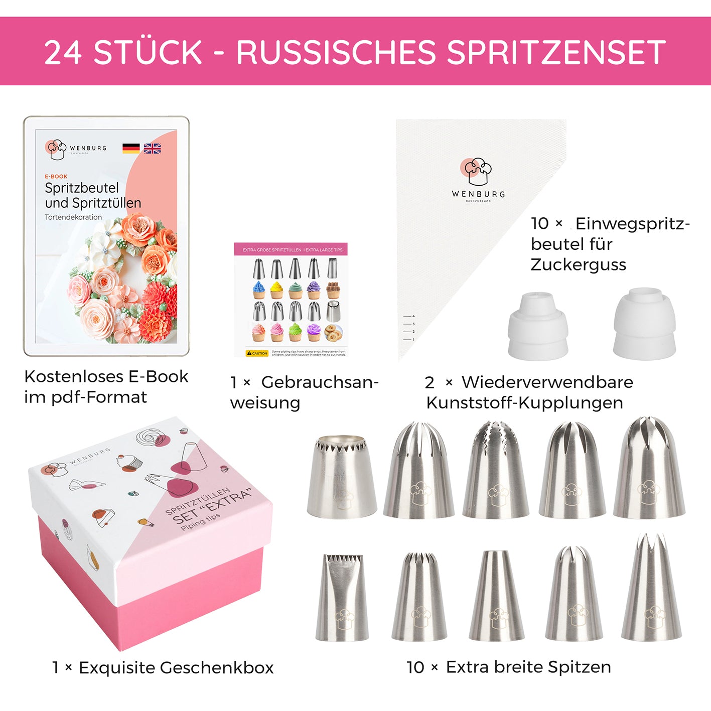 Spritzbeutel-Set mit Tüllen - 24-tlg. mit Edelstahltüllen, Einwegspritzbeuteln, Adaptern, Anleitung und Geschenkbox für Tortendekor.