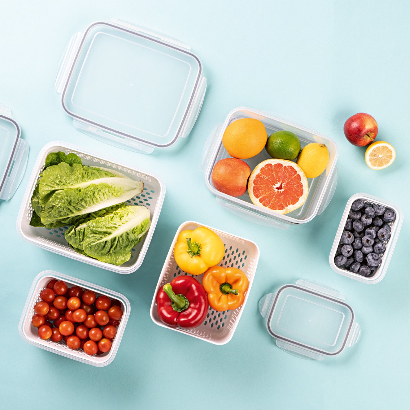 Frischhaltedosen für Kühlschrank mit Abtropfsieb, luftdicht, auslaufsicher, mit Aromaschutz für Gemüse und Obst in verschiedenen Größen.