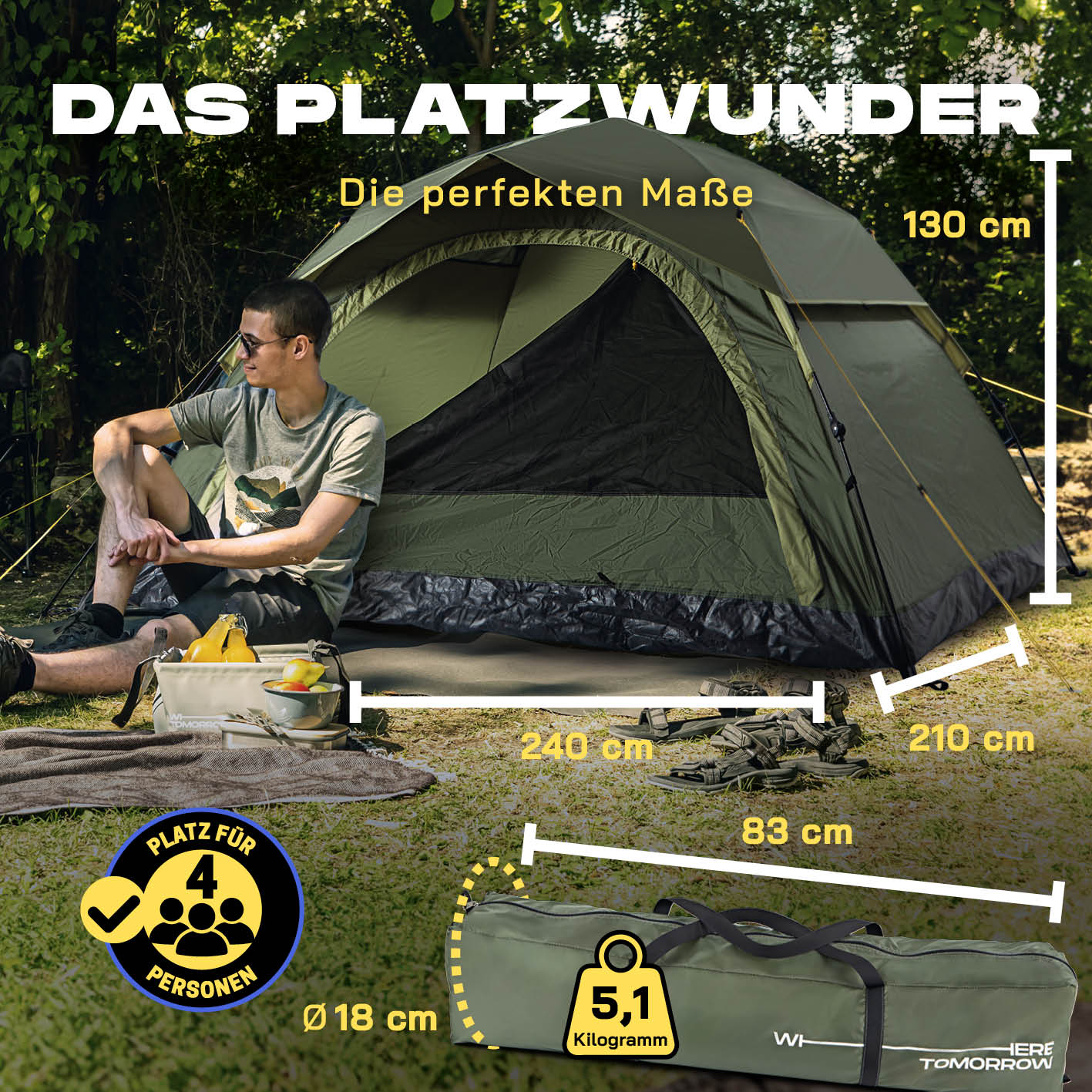 Pop-up-Wurfzelt für 4 Personen - grün mit schnellen Aufbau, wetterfest, kompakt und ideal für Outdoor, Camping, Strand oder Garten.
