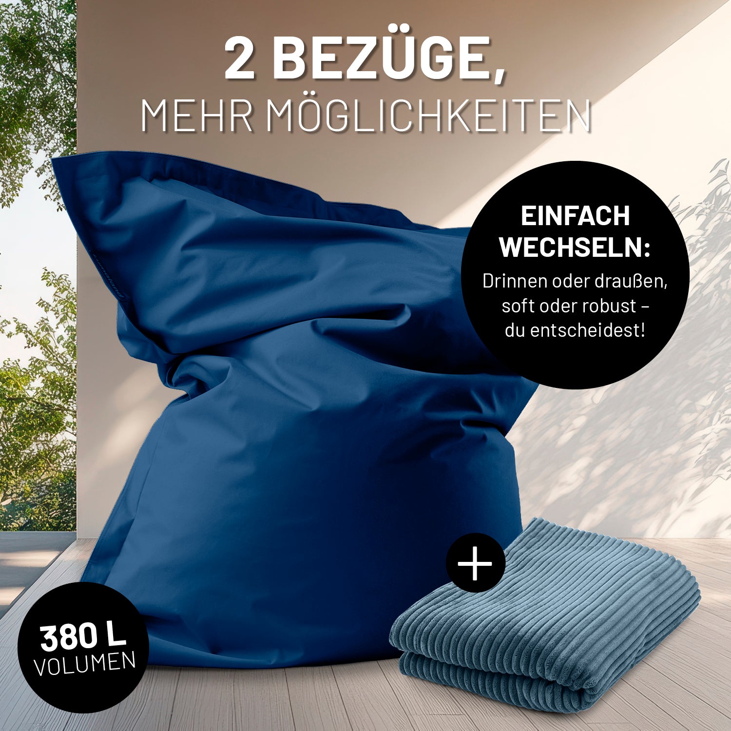 Sitzsack Classic XXL All-in-One Set - 380 L - 140 x 180 cm - Navyblau mit zwei Bezügen für Indoor und Outdoor Nutzung
