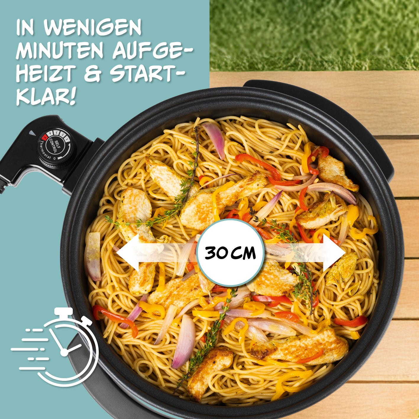 Elektrische Partypfanne - Ø 30 cm mit Pasta, Antihaftbeschichtung und 5-Stufen-Thermostat für flexibles Kochen ohne Herd.