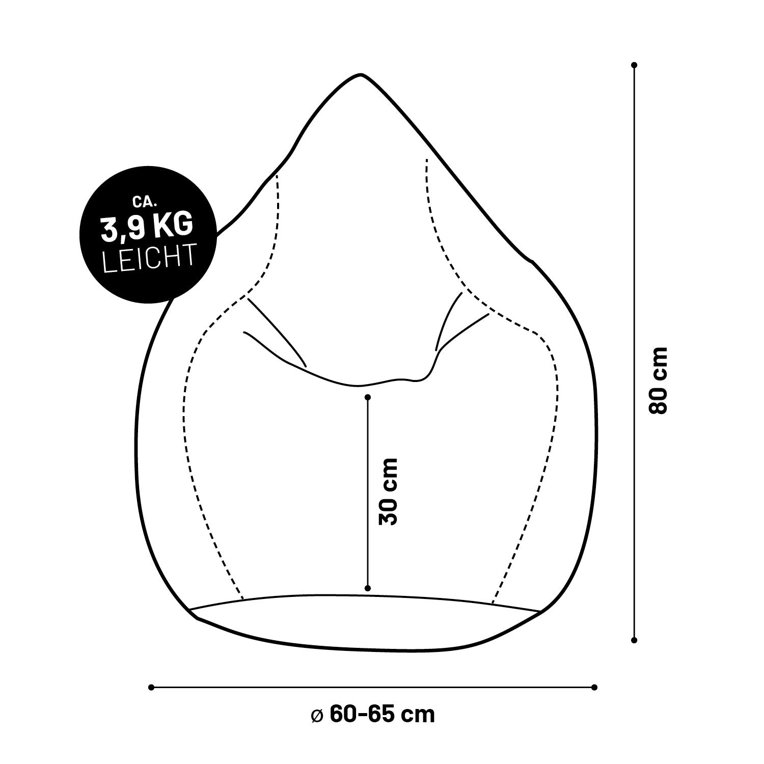 Luxury XL PLUS Sitzsack (220 L) in Royalblau, 80 cm hoch, 60-65 cm Durchmesser, ca. 3,9 kg leicht, formstabil und komfortabel.