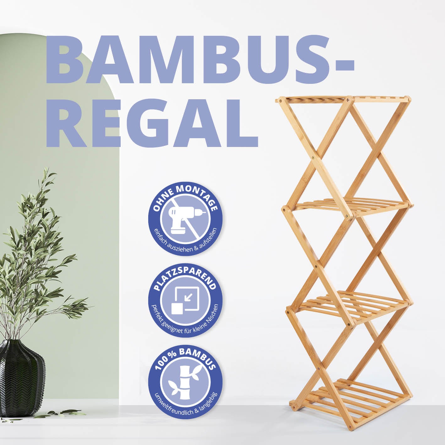 Bambusregal mit 4 Etagen, faltbar, platzsparend, aus 100 % Bambus, ohne Montage, ideal für Bad, Küche und Büro.