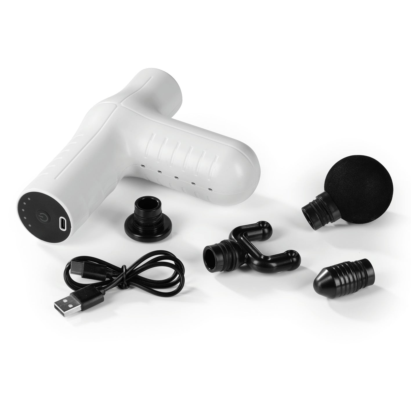 Mini Massage Gun Smart Grip - Weiß mit 4 Aufsätzen, USB-Ladekabel und ergonomischem Design für effektive Muskelmassage.