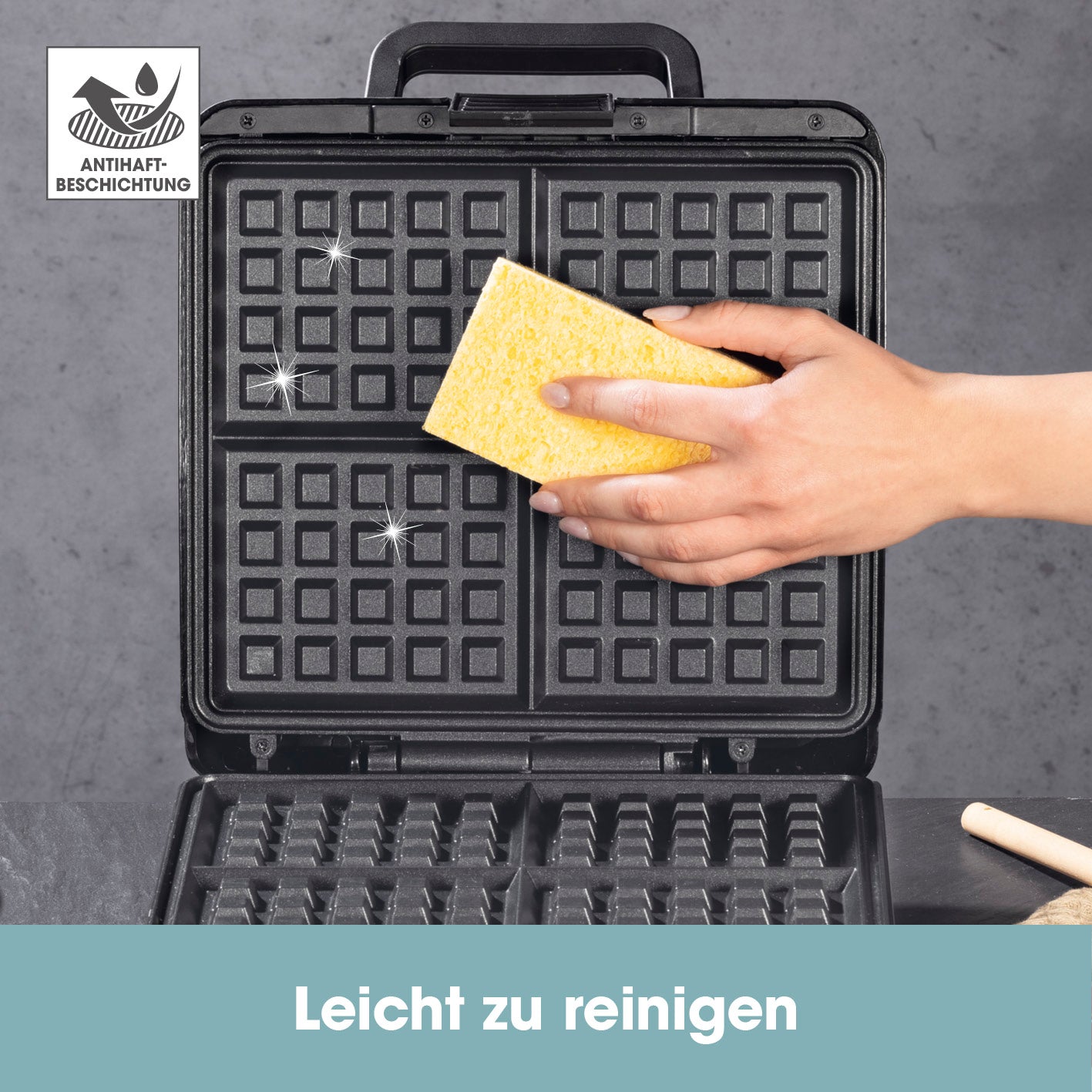 Waffeleisen für Belgische Waffeln mit Antihaftbeschichtung, leicht zu reinigen und mit sicherem Halt dank rutschfester Füße.