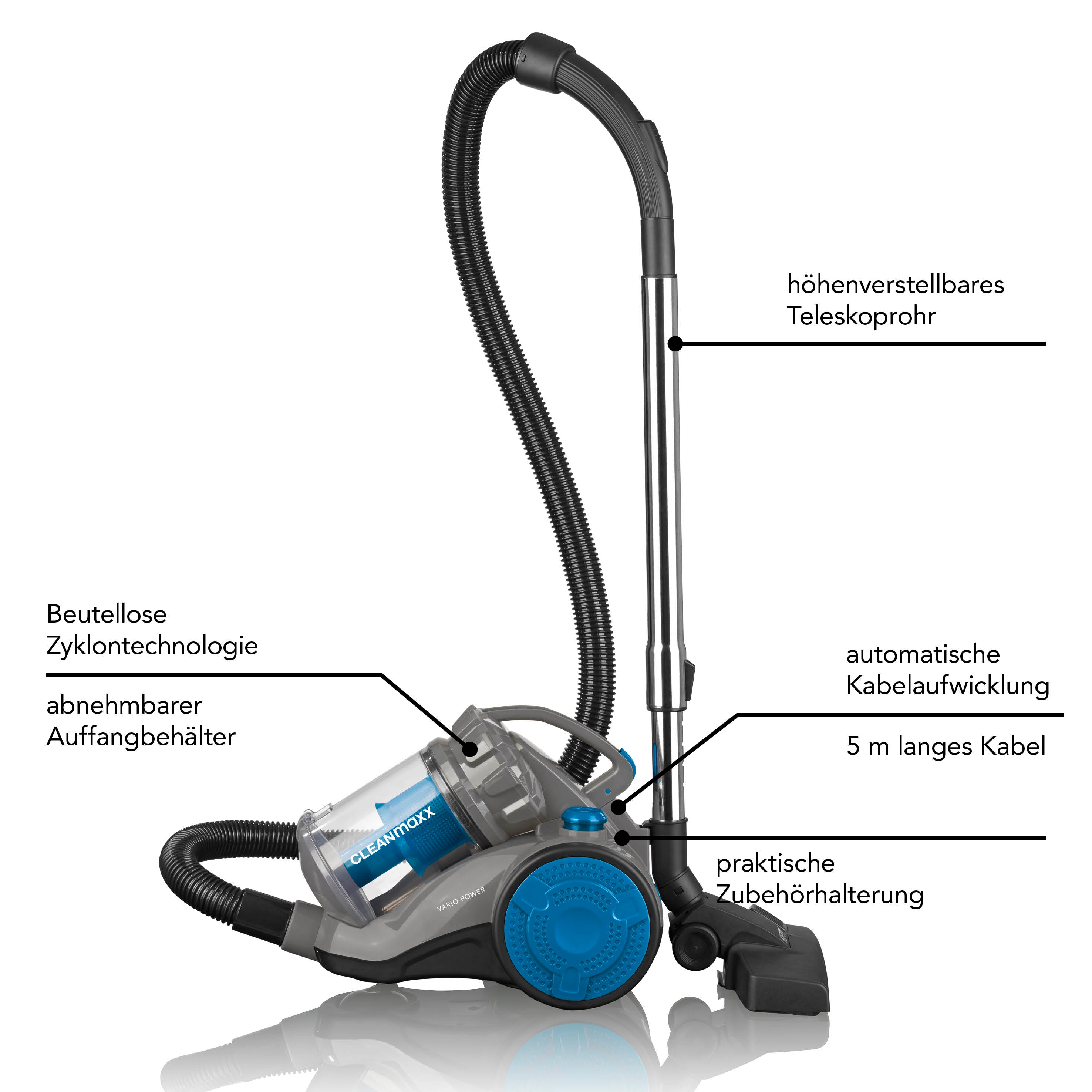 Multi-Zyklon-Staubsauger 800W schwarz/blau mit beutelloser Zyklontechnologie, abnehmbarem Auffangbehälter und höhenverstellbarem Teleskoprohr.