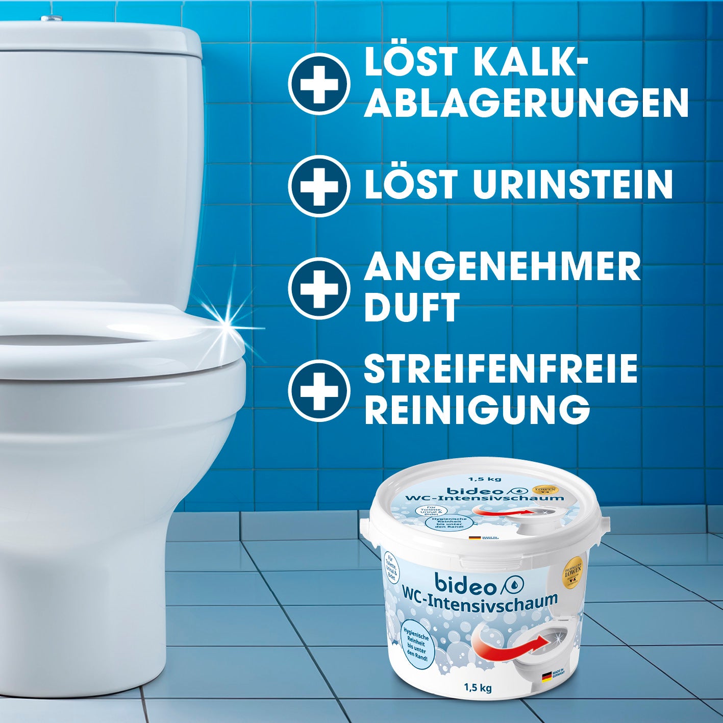 WC-Intensivschaum - 1,5 kg vor Toilette, beseitigt Kalkablagerungen und Urinstein, sorgt für hygienische, streifenfreie Reinigung mit frischem Duft