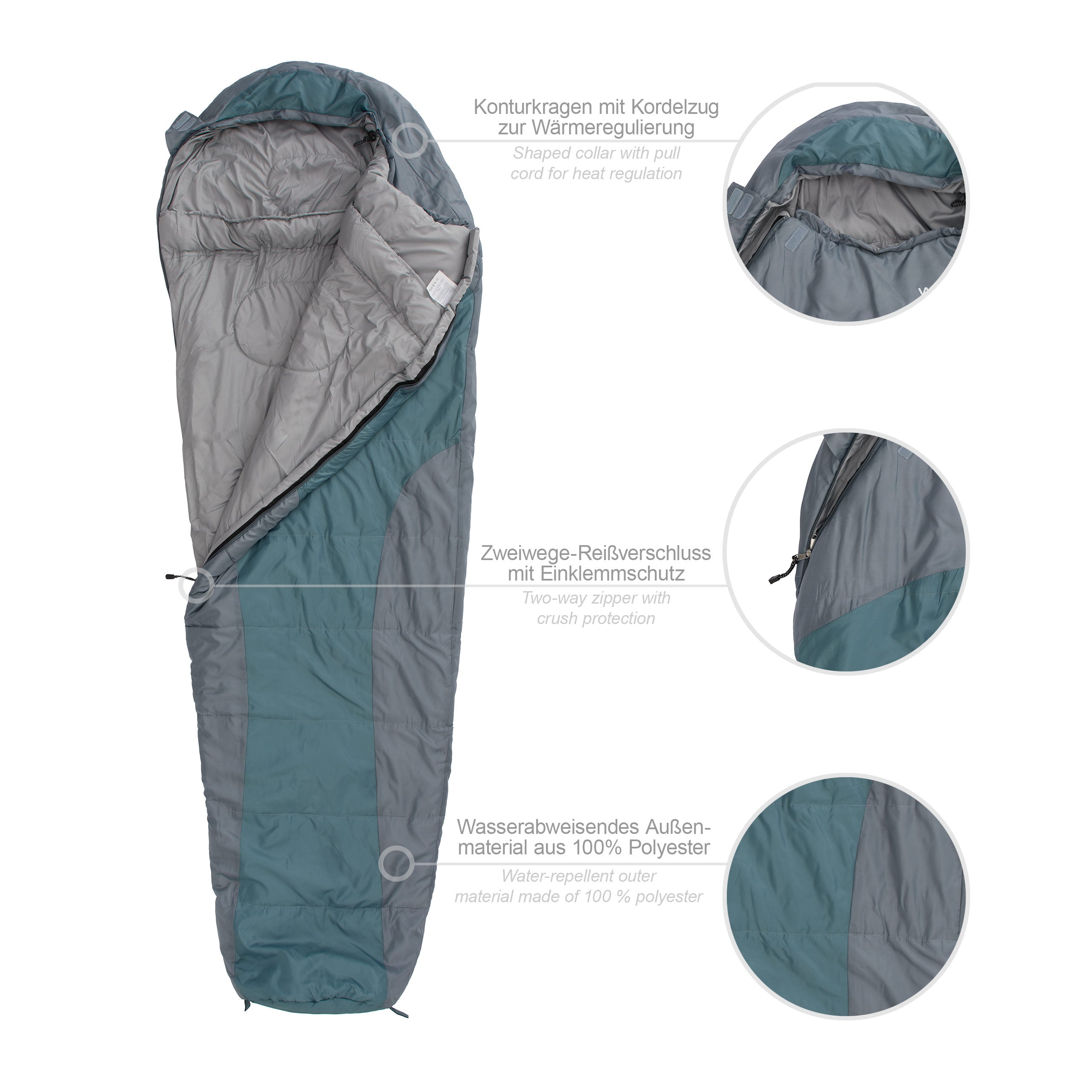 Camping Schlafsack Classic - Mumienschlafsack mit Tasche in Goblinblau, wasserabweisend und mit Wärmekragen für Outdoor und Camping.