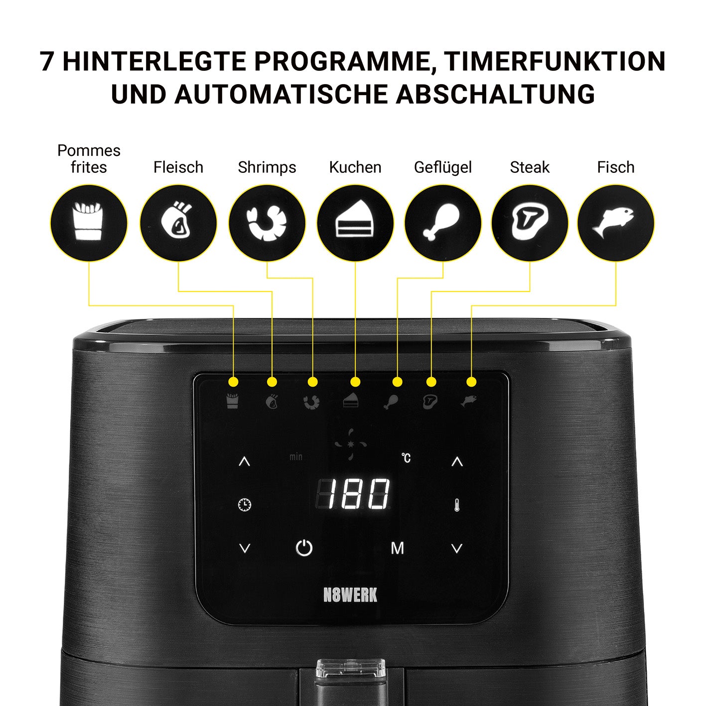 Heißluft-Fritteuse in der Midnight Edition mit digitalem Display und 7 Programmen für vielseitiges fettarmes Garen.