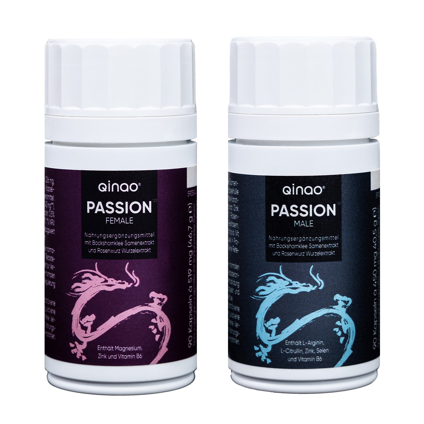 Nahrungsergänzungsmittel PASSION FEMALE & MALE 2er-Set mit Bockshornklee, Rosenwurz, Magnesium, Zink und Vitamin B6, vegan und zuckerfrei.