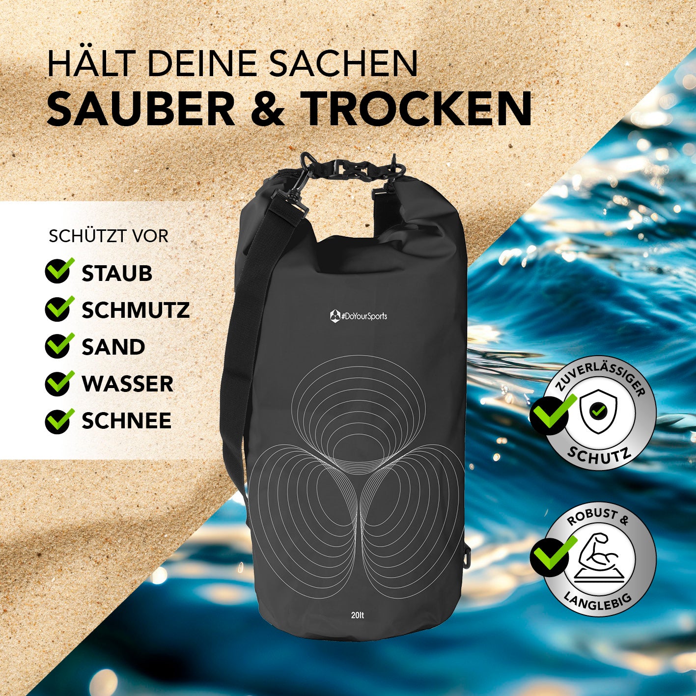 Dry Bag 20L - Schwarz wasserdichter, robuster Rucksack mit Rolltop-Verschluss zum Schutz vor Staub, Wasser, Sand und Schnee.