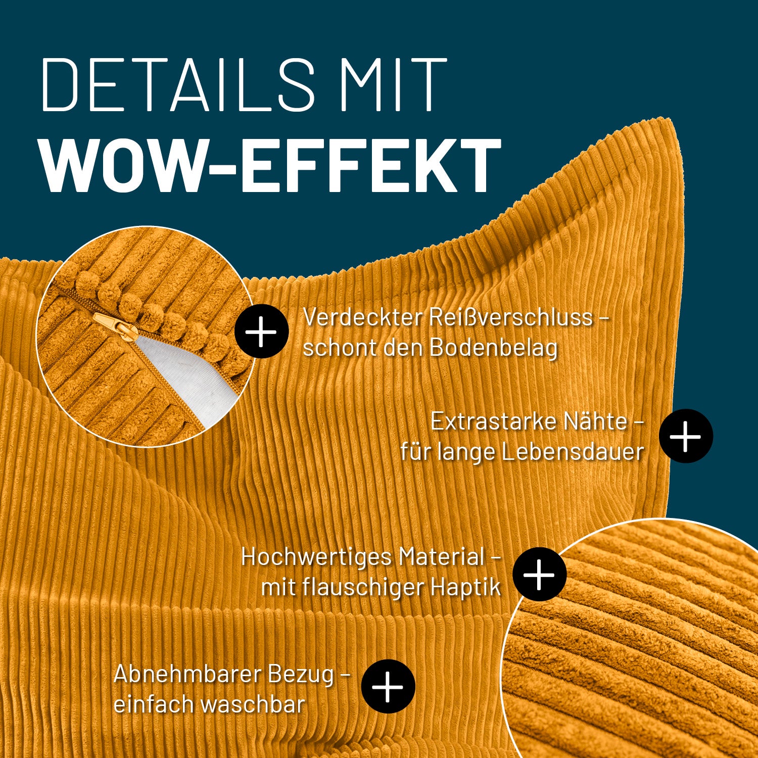 Sitzsack Classic XXL aus der LUMALAND Cord-Reihe - 380 L - 140 x 180 cm - Senfgelb mit verdecktem Reißverschluss und strapazierfähigem Cord-Bezug