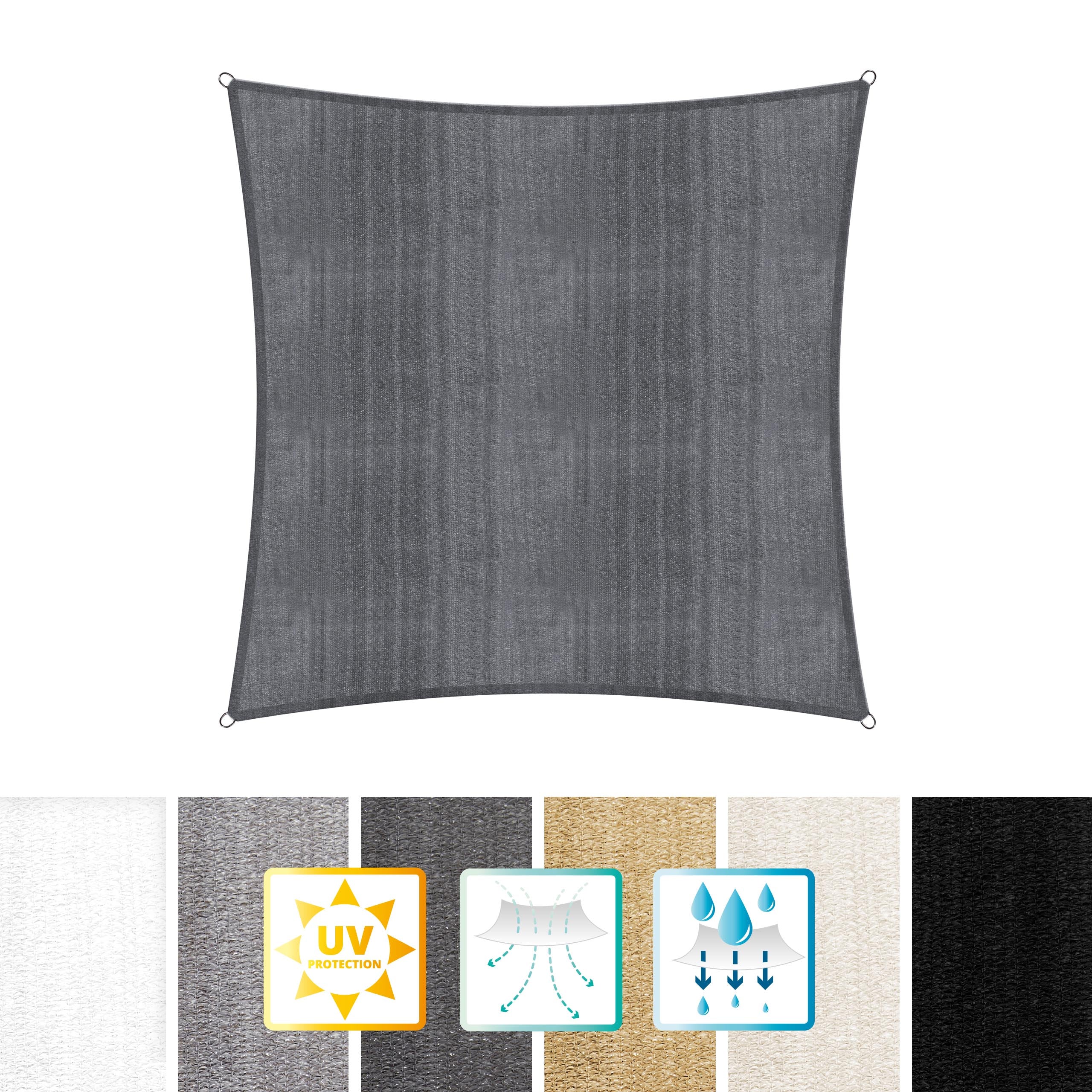 Sonnensegel 100% HDPE mit Stabilisator für UV-Schutz - Quadrat 5 x 5 Meter - Dunkelgrau, robust und reißfest mit Edelstahldringen.