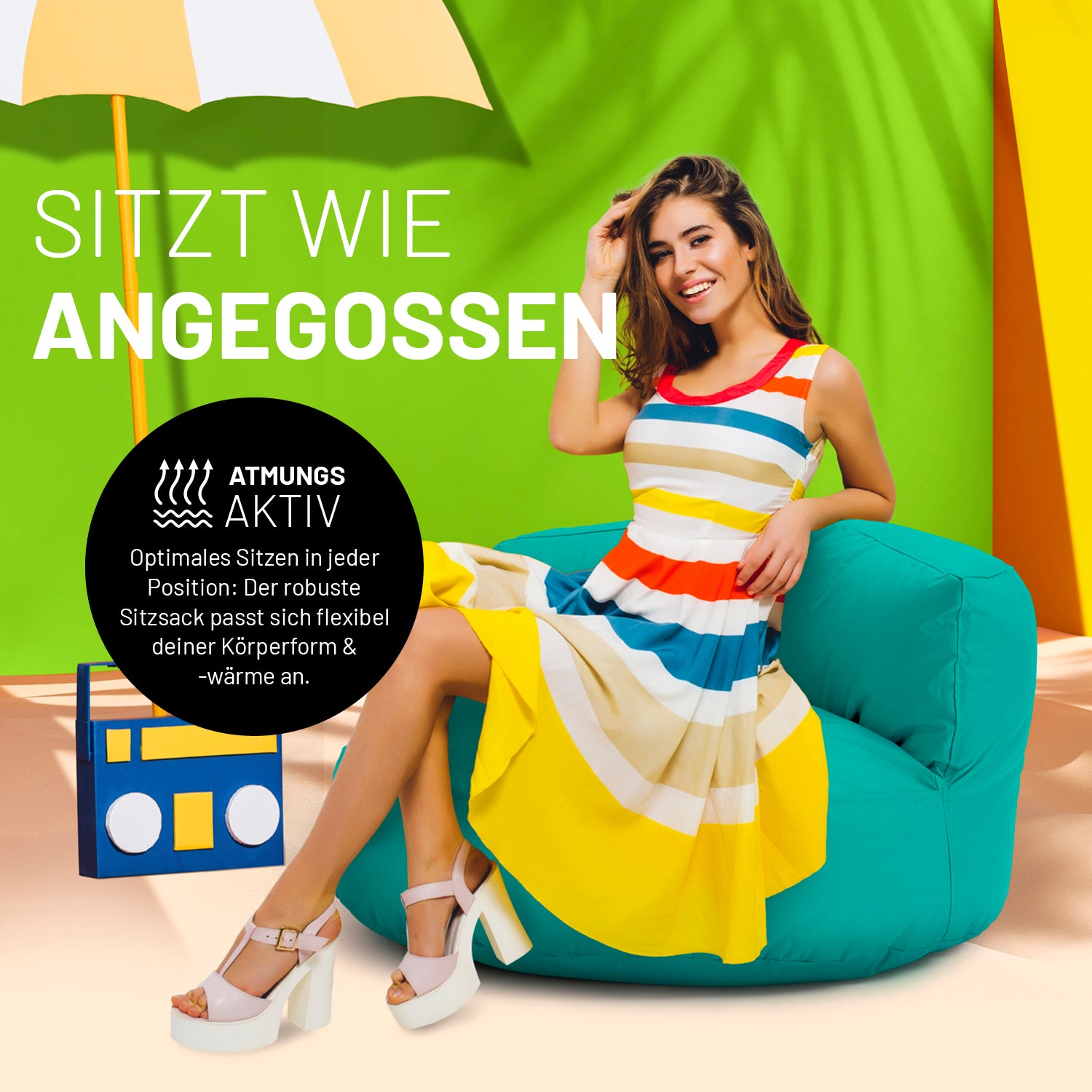 Sitzsack Lounge (320 L) - Türkis, komfortabel und robust, passt sich Körperform an, ideal für drinnen und draußen, pflegeleicht und leicht transportierbar.