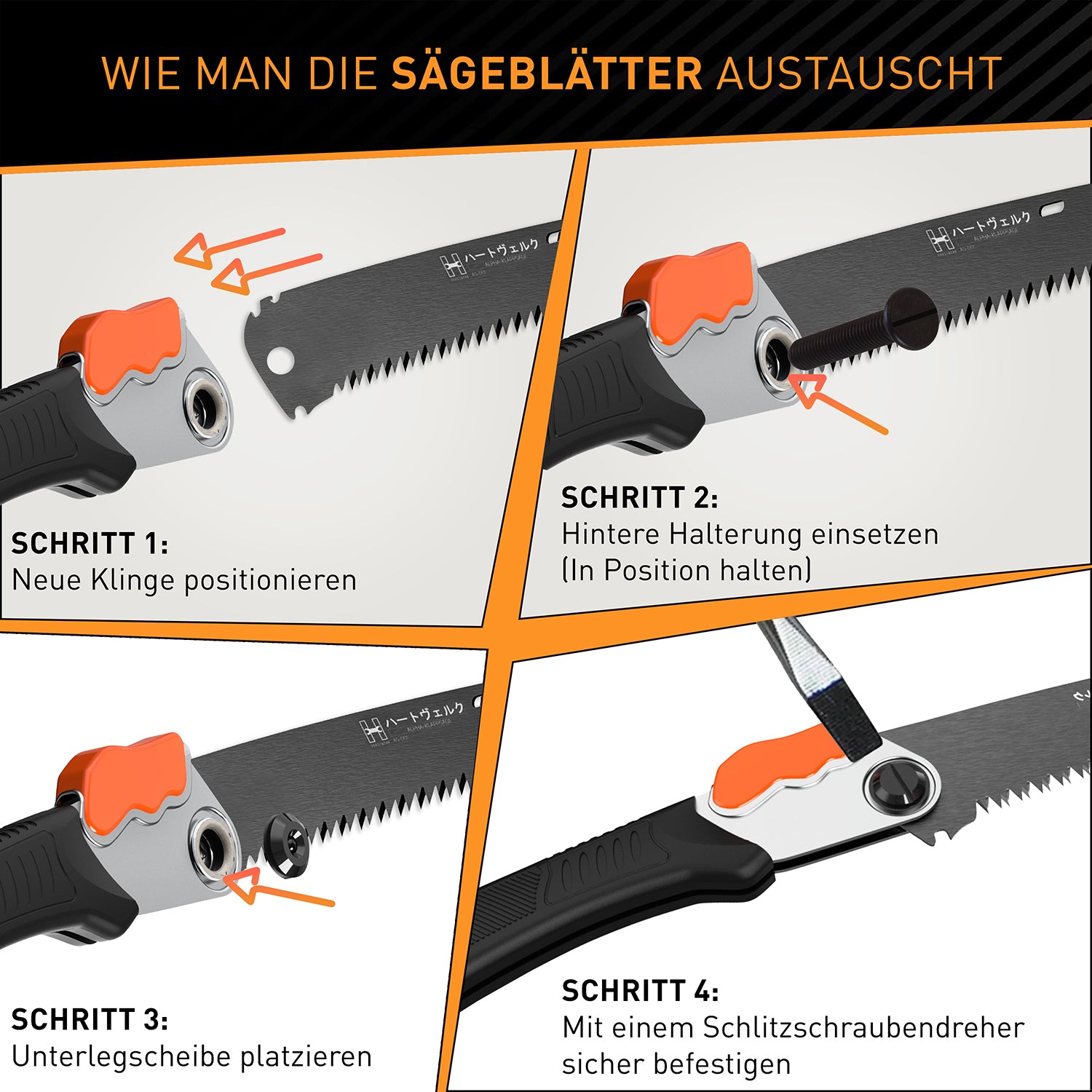 Ersatzsägeblatt für Japansäge ALPHA - 210 mm mit Anleitung zum einfachen Wechseln der Klinge, Unterlegscheibe und Schraubensicherung.
