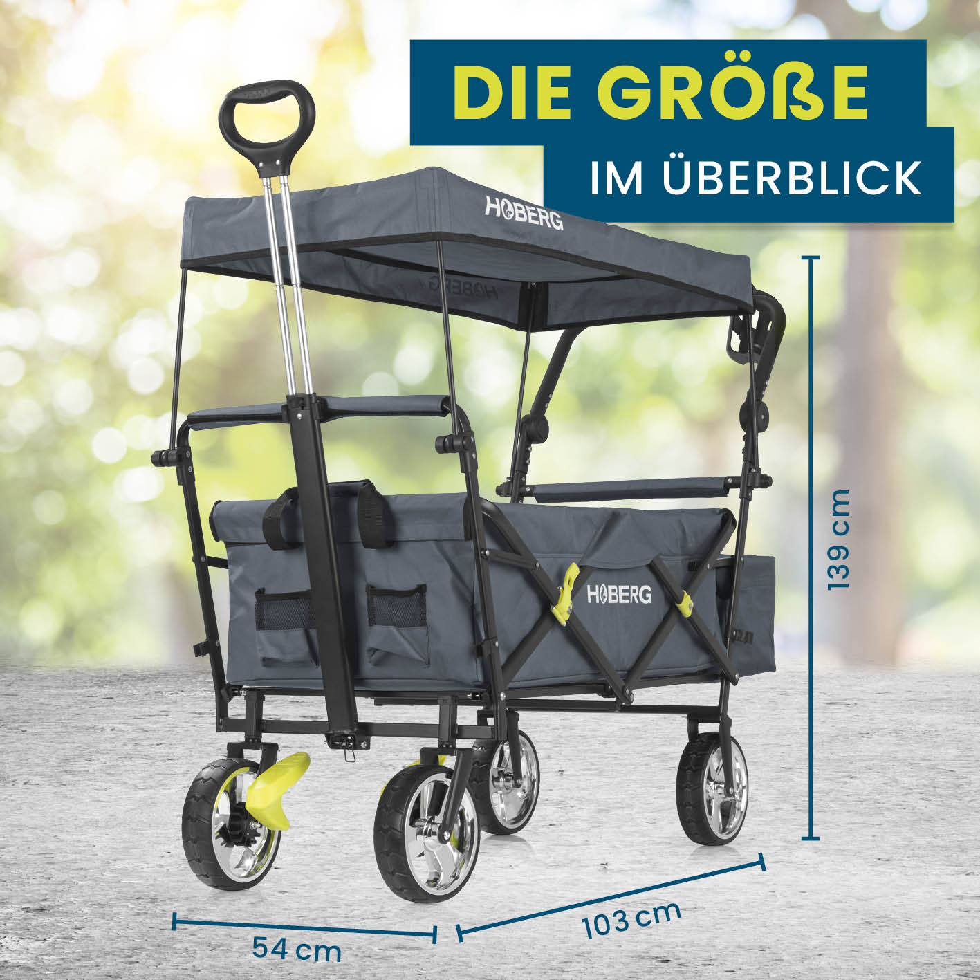 Faltbarer Bollerwagen - Grau mit wetterfestem Dach, 4 Rädern, stabiler Konstruktion, zusammenklappbar und bis zu 80 kg belastbar von HOBERG.