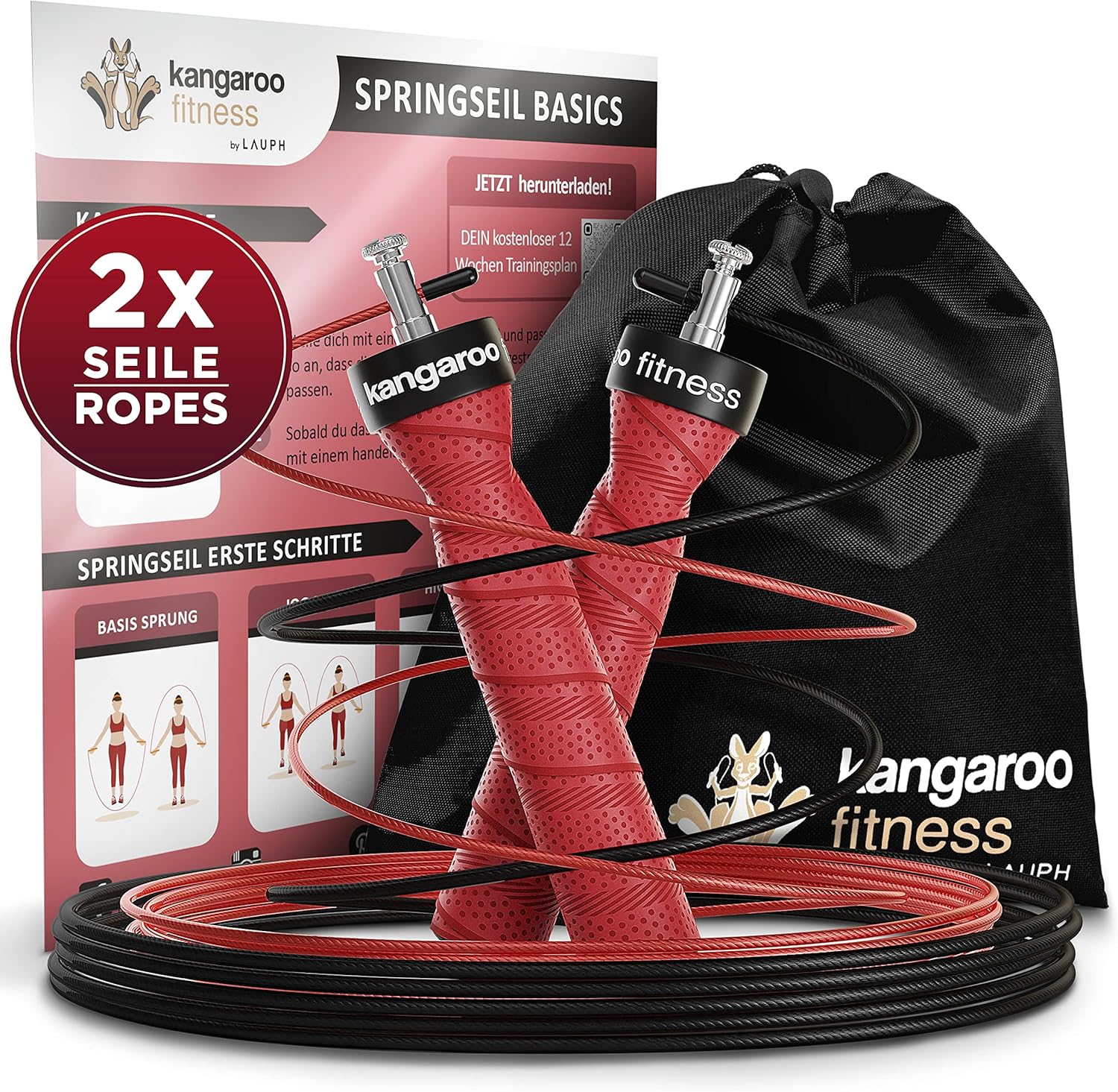 Springseil - 300 cm mit rot-schwarzen Griffen, Kugellagern und Tasche, ideal für Fitness und Ausdauertraining.