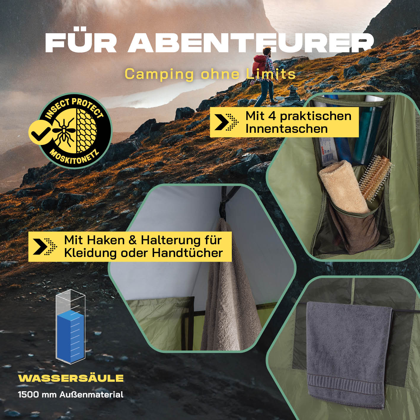 Pop-up-Duschzelt für 2 Personen - grün/grau mit 4 Innentaschen, Haken und Halterung für Kleidung oder Handtücher, wasserdicht und praktisch.