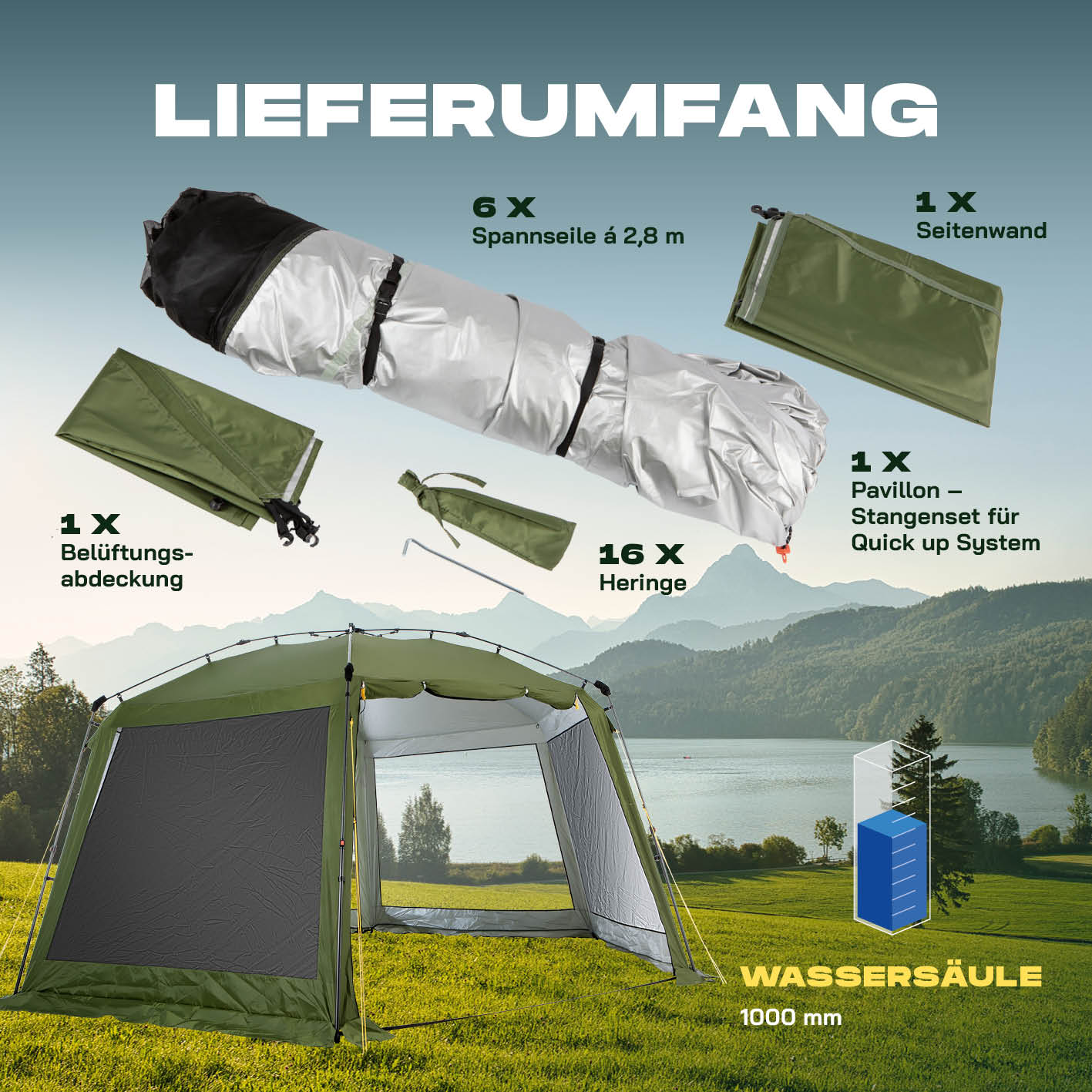 Pop-up-Pavillon mit Mückenschutz - grün, 6 Spannseile, Seitenwand, Belüftungsabdeckung, Heringe und Gestänge im Lieferumfang.