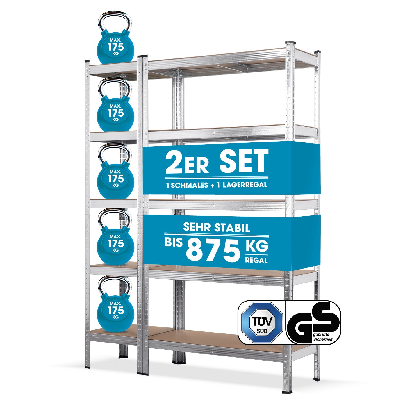 Schwerlastregal & Werkbank 2er-Set - 1750 kg Traglast, 175 kg pro Ebene, TÜV-geprüft, robustes Stapelregal mit MDF-Platten